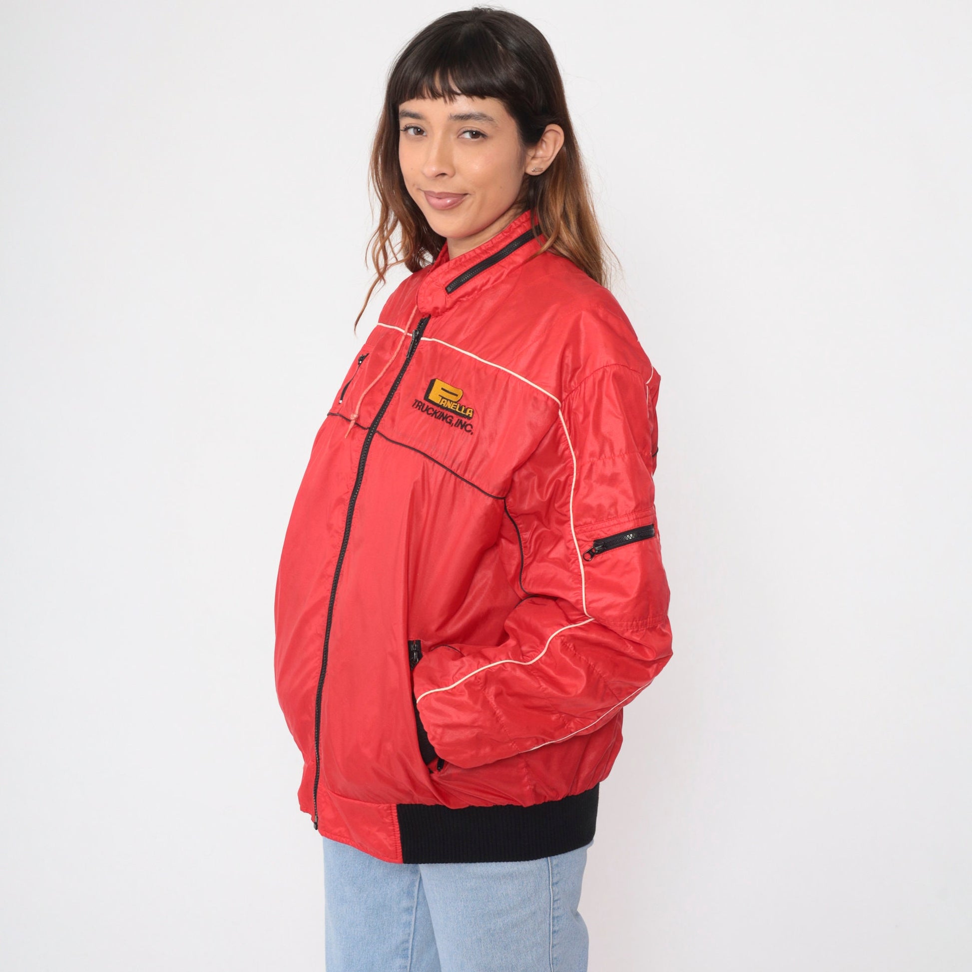 80s Panella Trucking Jacket Red Nylon Zip Hood Workwear XXL