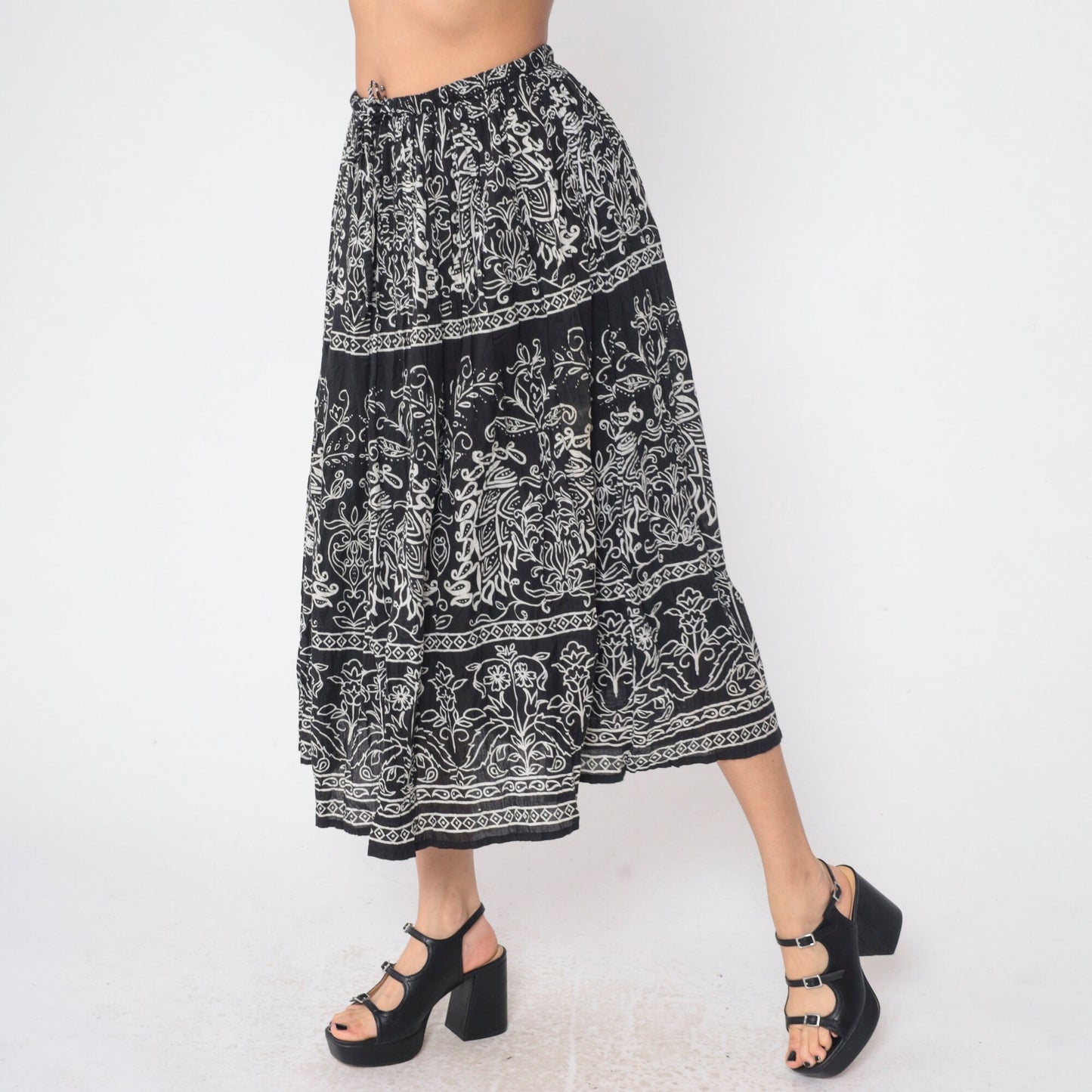90s Jane Ashley Black Floral Midi Skirt Drawstring Waist Cotton Small