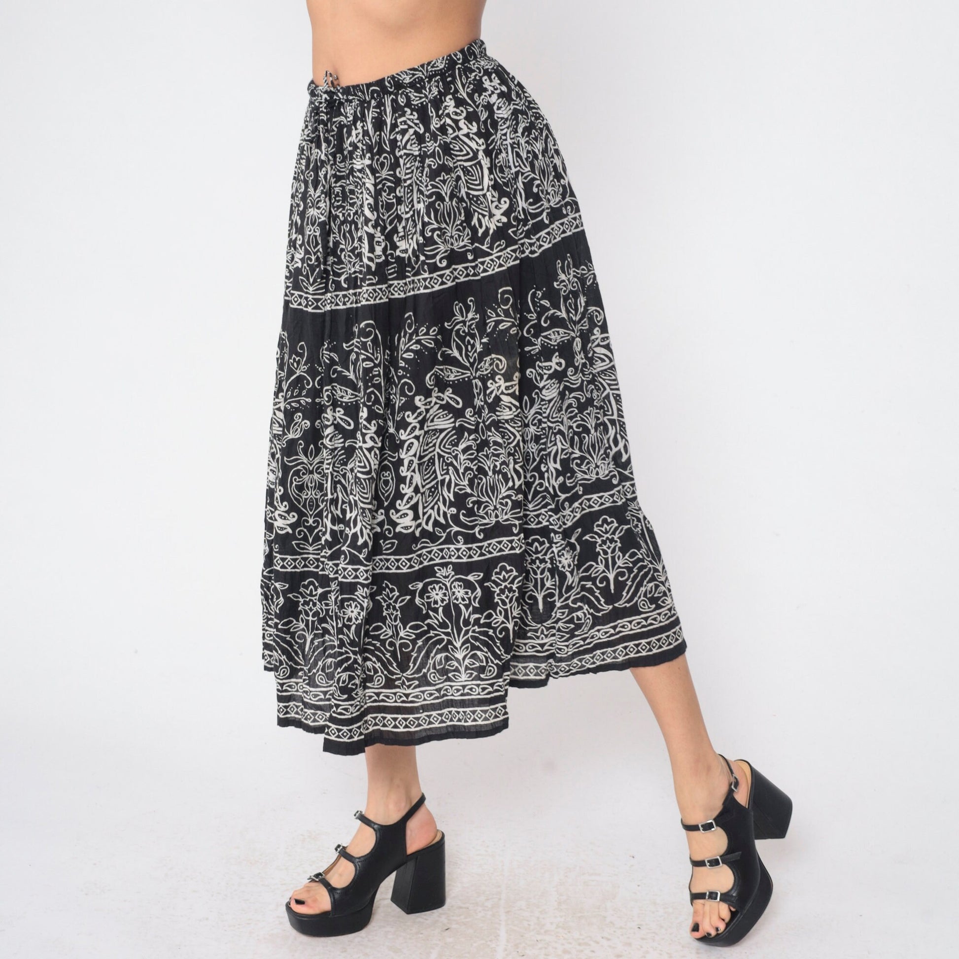 90s Jane Ashley Black Floral Midi Skirt Drawstring Waist Cotton Small