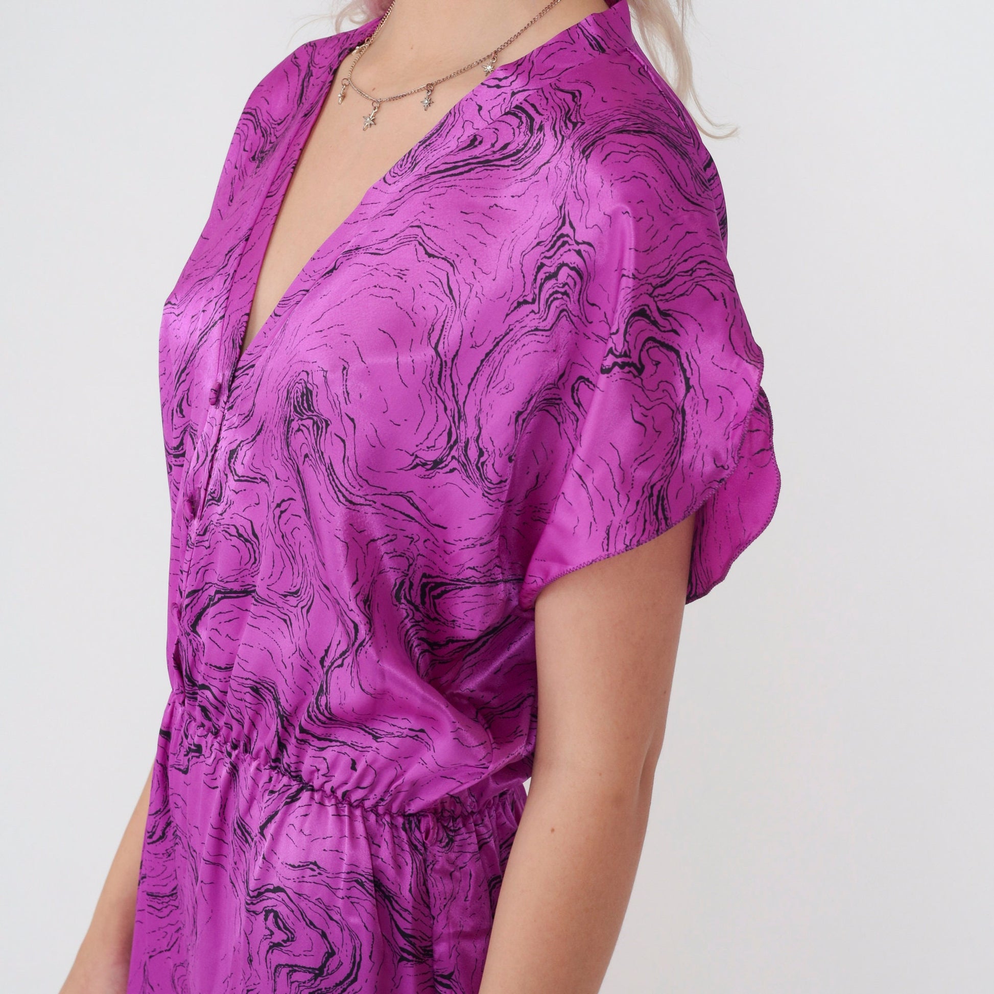 80s Purple Marble Jumpsuit Shiny High-Waisted Tapered V-Neck Small