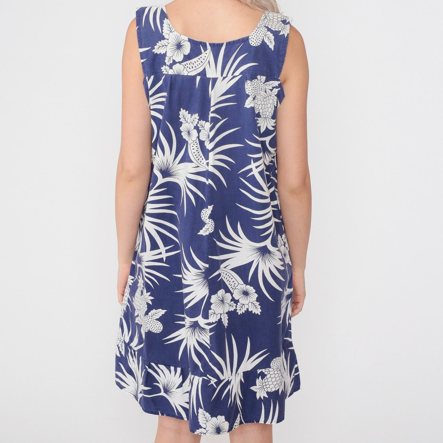 80s Hawaiian Tropical Mini Dress Blue Pineapple Leaf Print Eyelet Lace Small