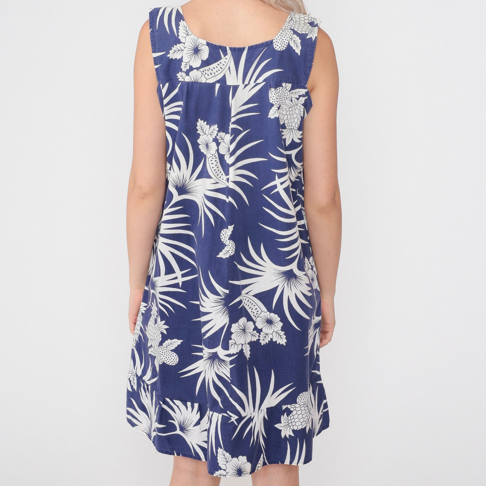 80s Hawaiian Tropical Mini Dress Blue Pineapple Leaf Print Eyelet Lace Small