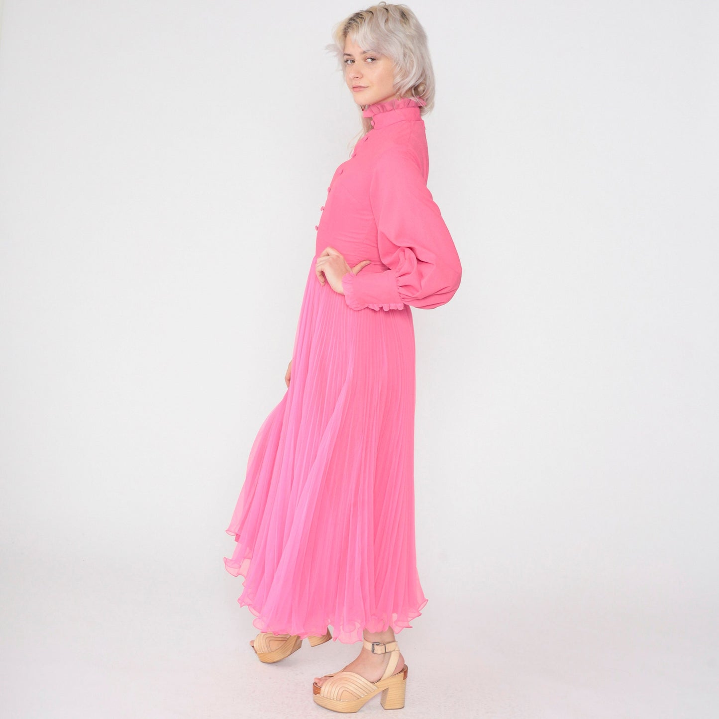 70s Hot Pink Maxi Dress Balloon Sleeve High Neck Ruffled Chiffon Extra Small