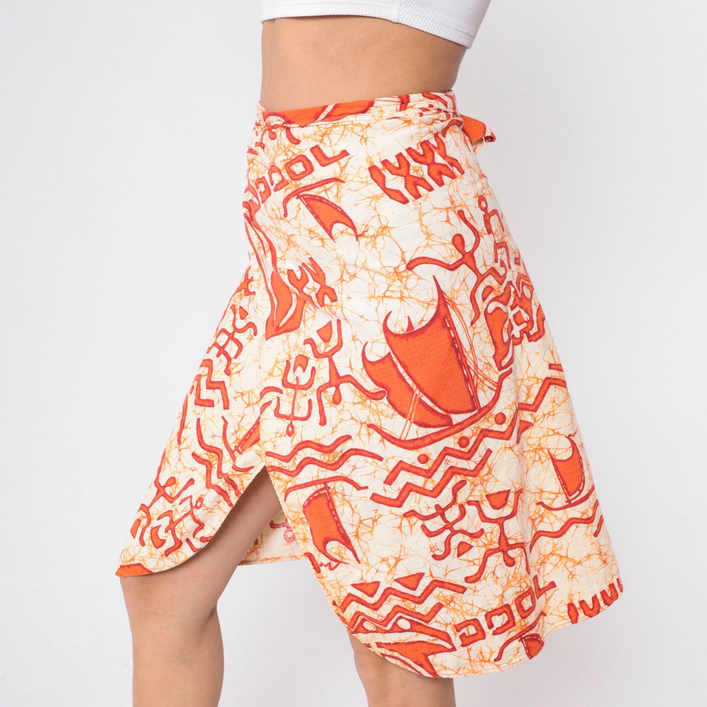 80s Wrap Mini Skirt Tie Dye Petroglyph Print Orange Cream Cotton Small