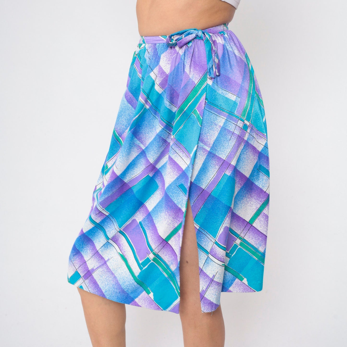 80s Checkered Knee Skirt Blue Purple White Plaid High Waist Tie Small