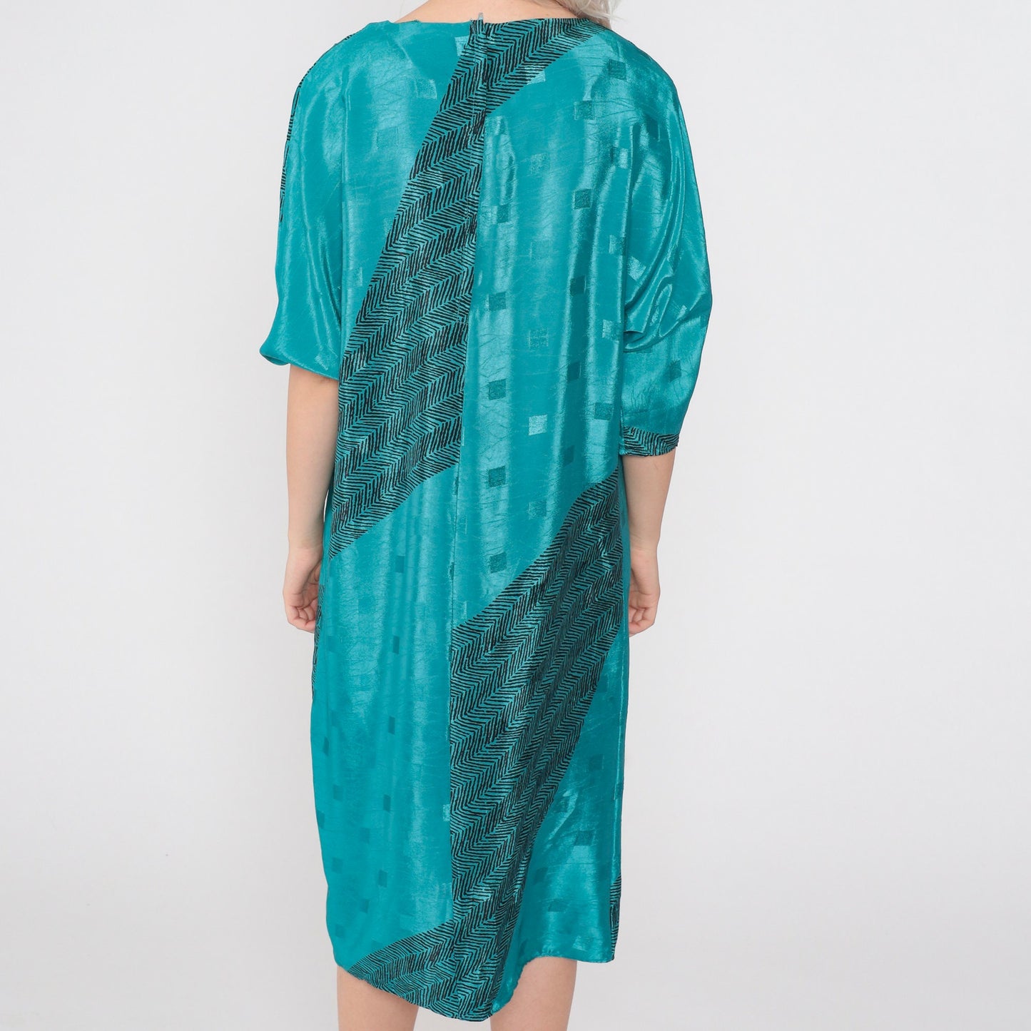 80s Brenner Petites Shiny Green Midi Dress Embossed Zigzag Half Sleeve Medium