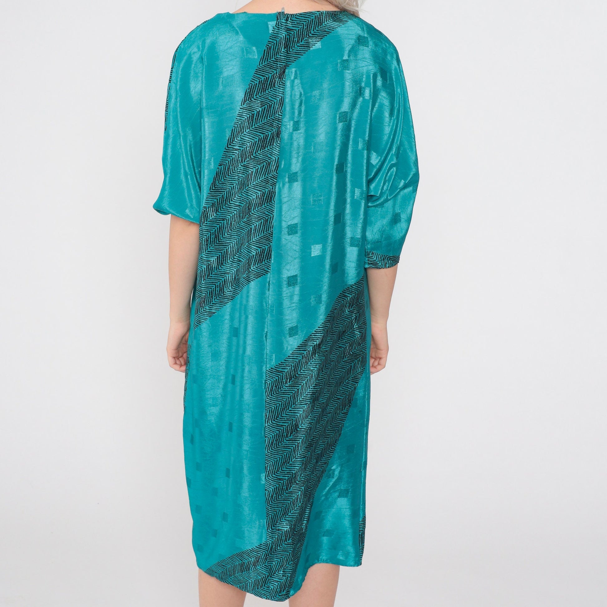 80s Brenner Petites Shiny Green Midi Dress Embossed Zigzag Half Sleeve Medium