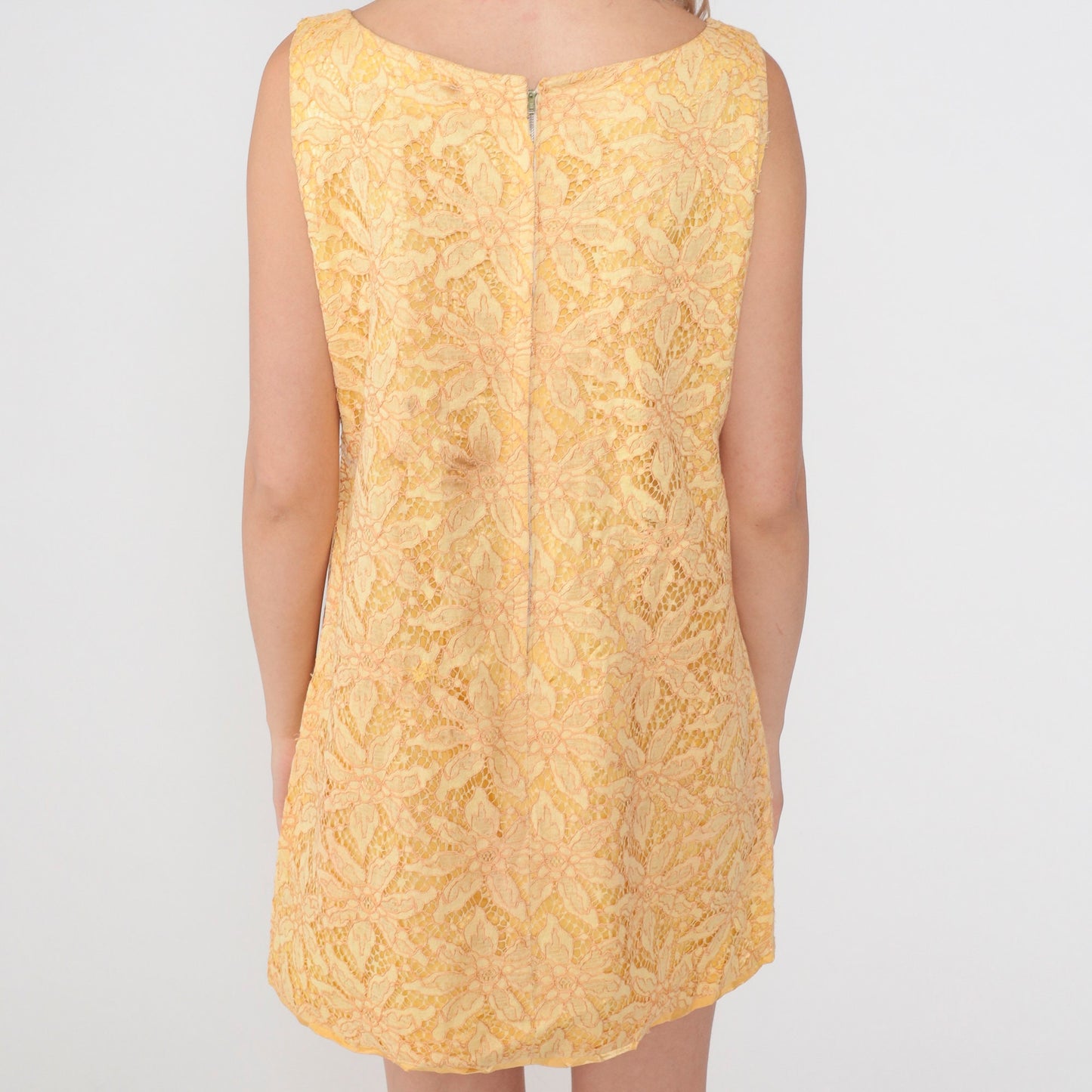60s Yellow Floral Lace Shift Dress Mini Sleeveless Cocktail Medium M