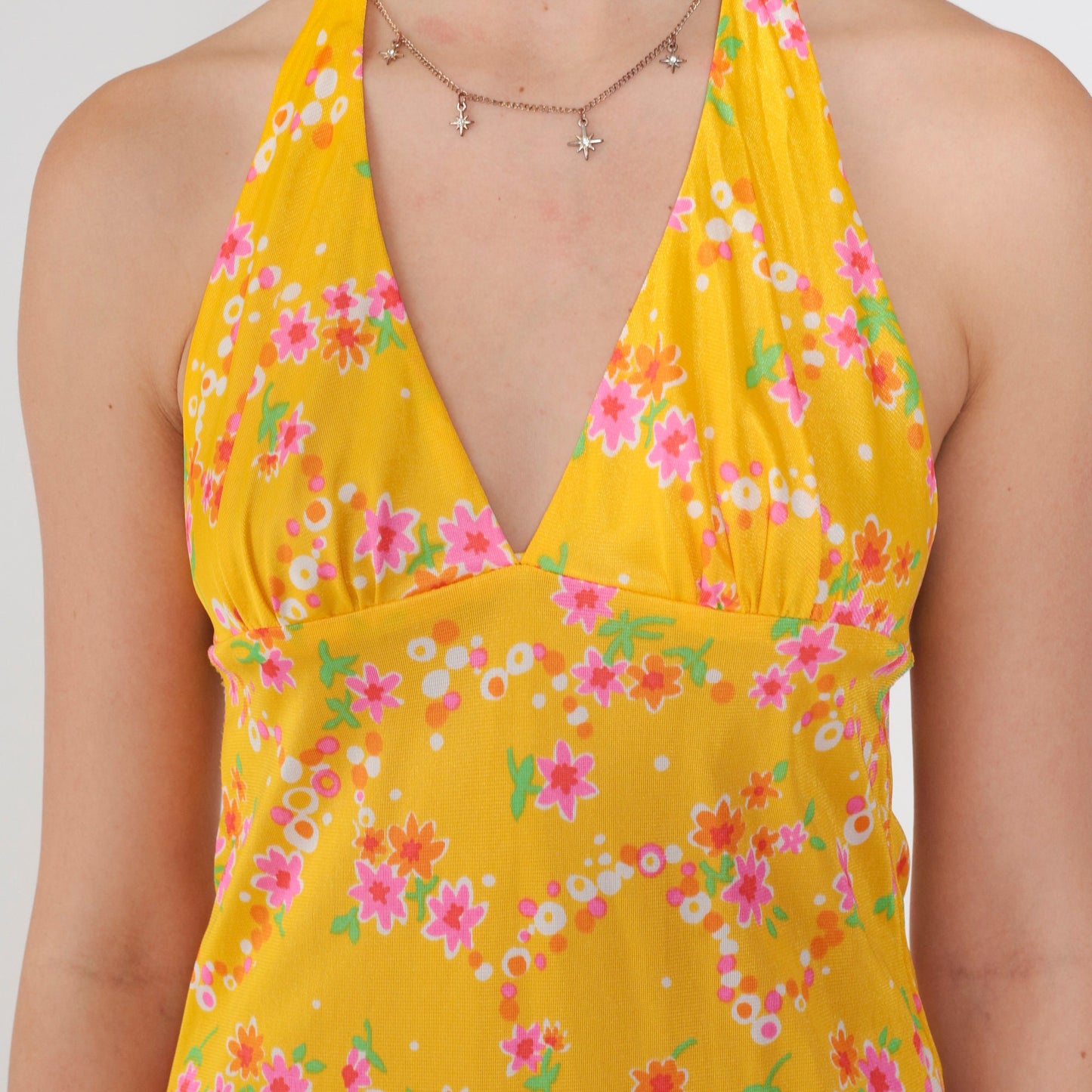 70s Yellow Floral Halter Maxi Dress Empire Waist Backless Extra Small