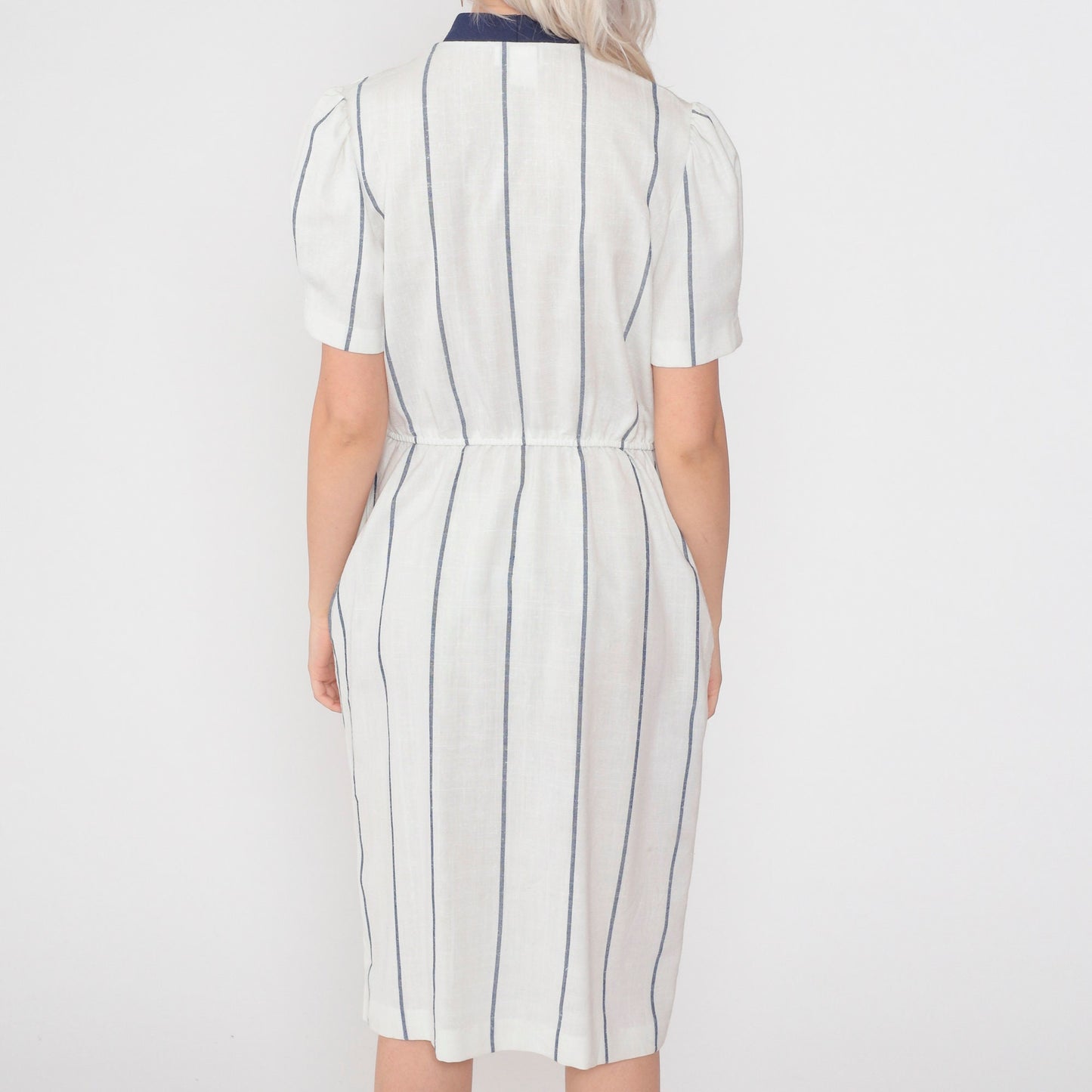 80s White Striped Midi Dress Navy Trim Puff Sleeve High Waist Large L
