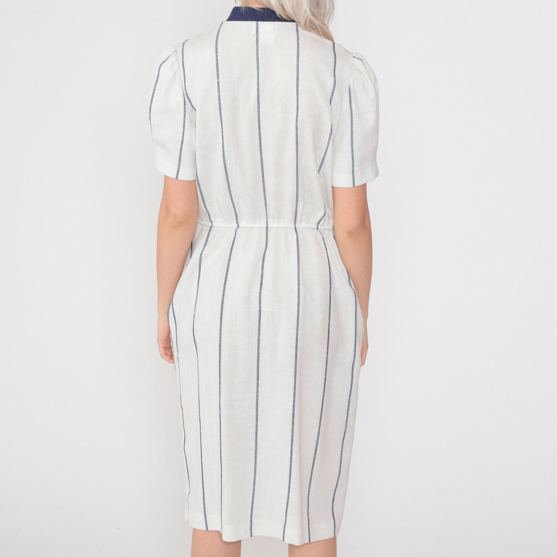 80s White Striped Midi Dress Navy Trim Puff Sleeve High Waist Large L