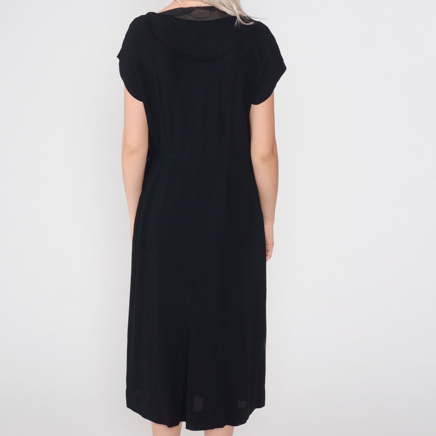 1950s Black Beaded Rhinestone V-Neck Midi Dress Short Sleeve Medium
