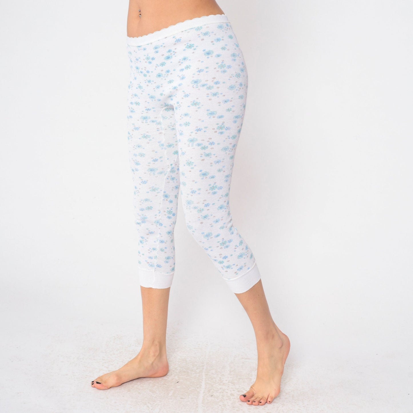 80s Floral Waffle Knit Thermal Capri Pants White Blue Print Medium