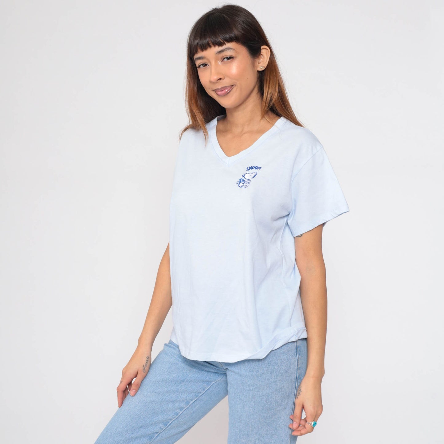 90s Snoopy Peanuts Graphic T-Shirt Baby Blue V-Neck Large L