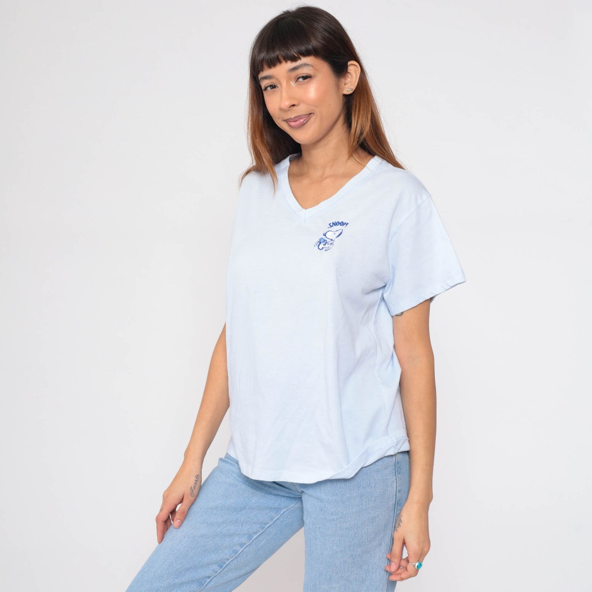 90s Snoopy Peanuts Graphic T-Shirt Baby Blue V-Neck Large L