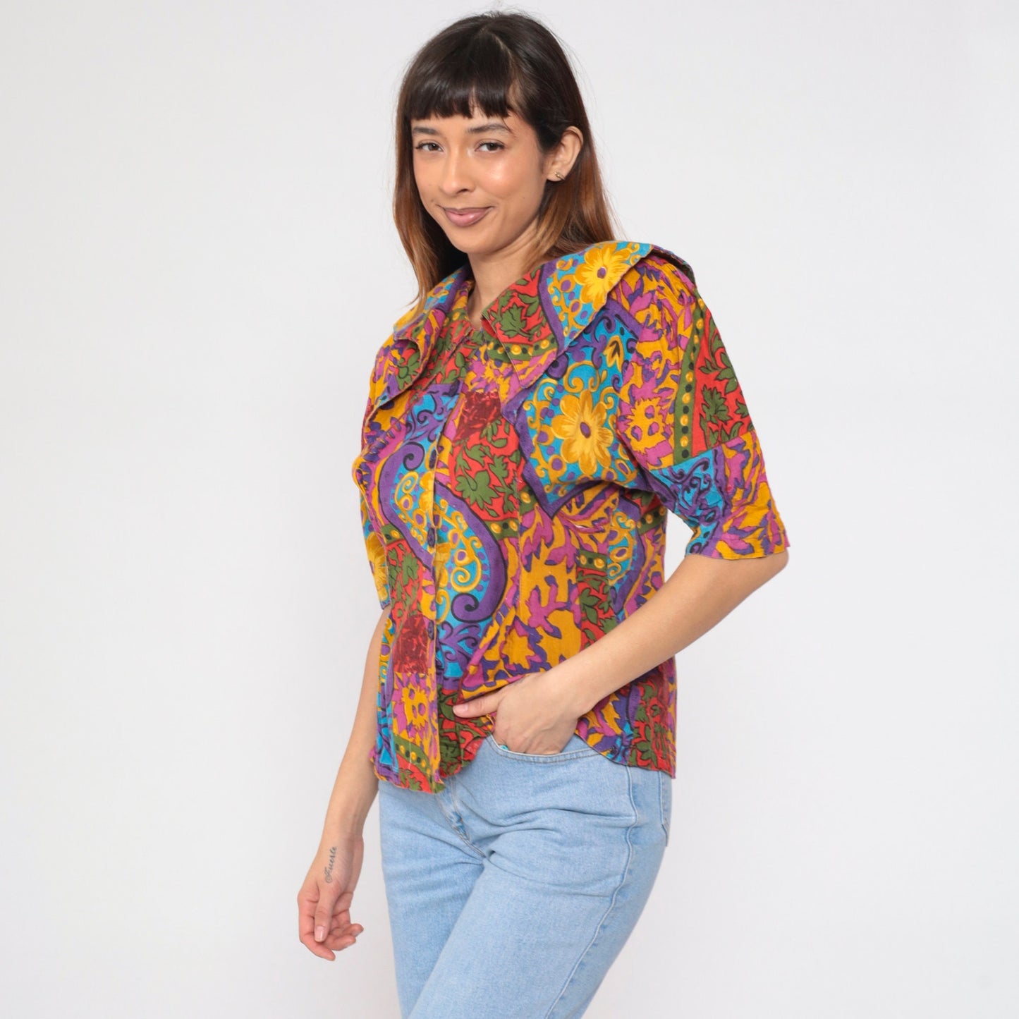 90s Mahudi Floral Cotton Blouse Puff Sleeve Pilgrim Collar Large L