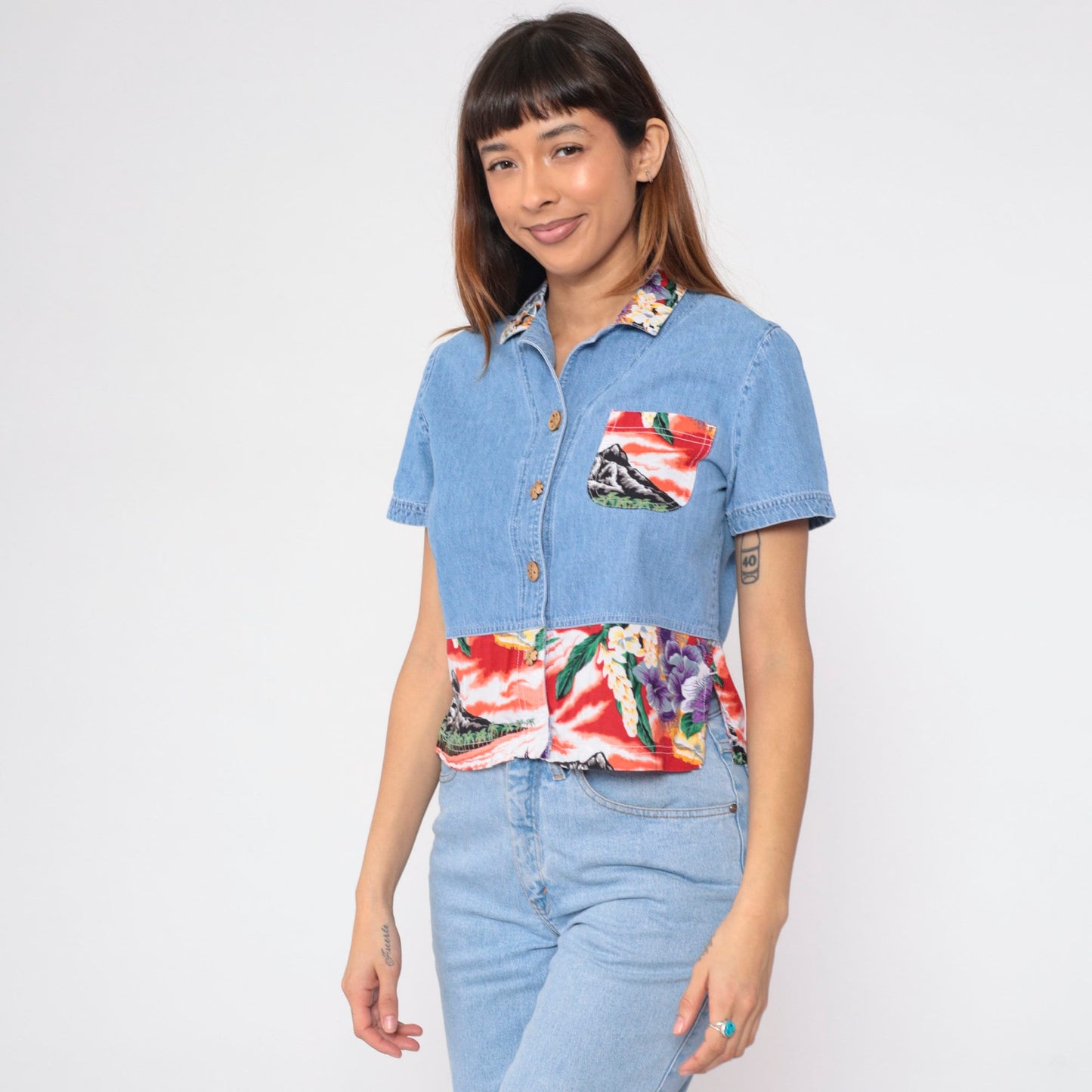90s Blue Denim Crop Top Tropical Mountain Floral Print Button-Up Medium