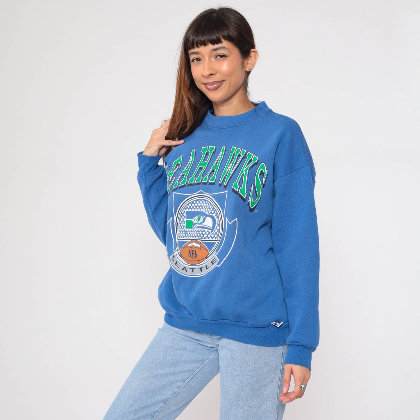 90s Seattle Seahawks NFL Sweatshirt Blue Crewneck Logo 7 Large
