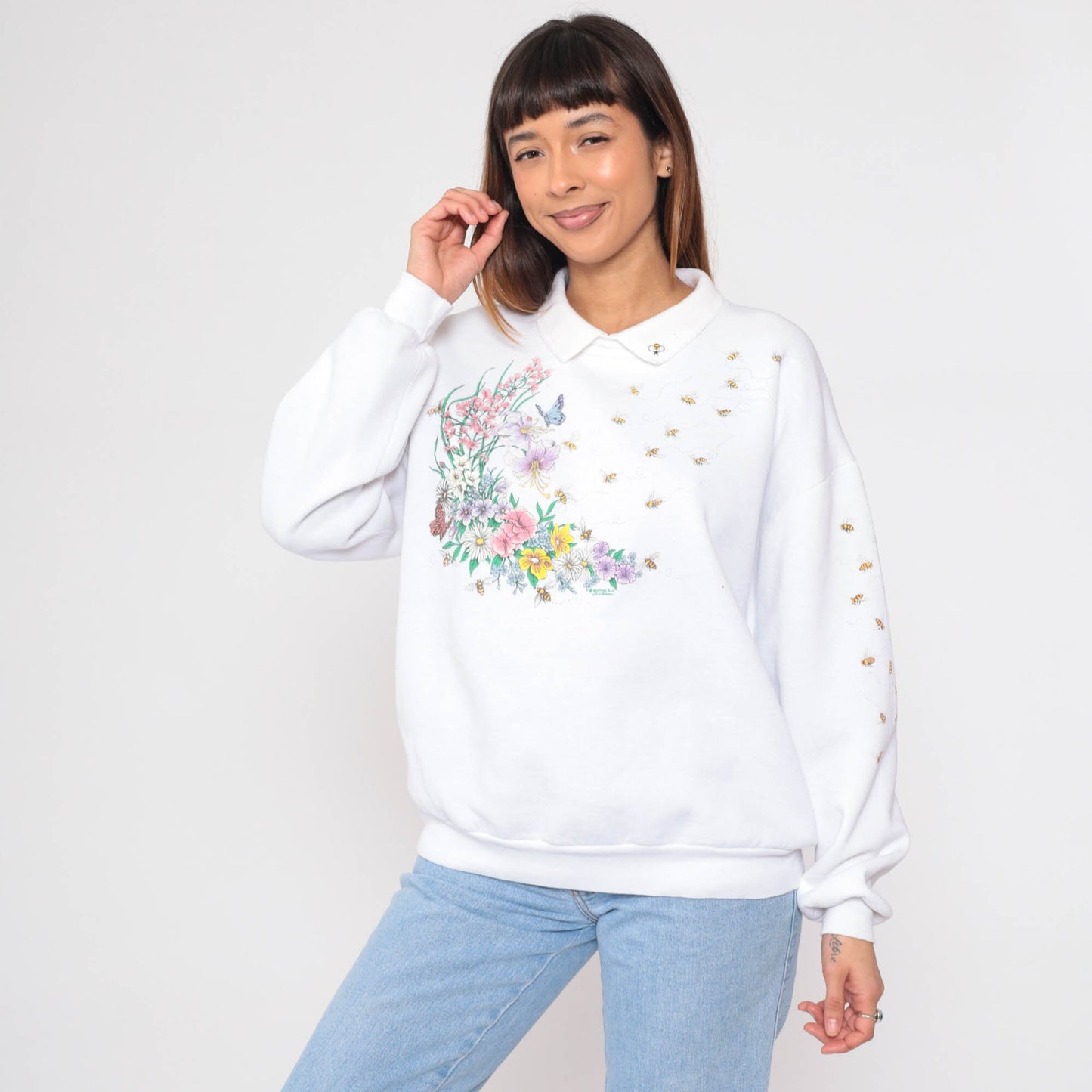 90s Honeybee Floral Butterfly Sweatshirt White Collared Pullover Extra Large XXL