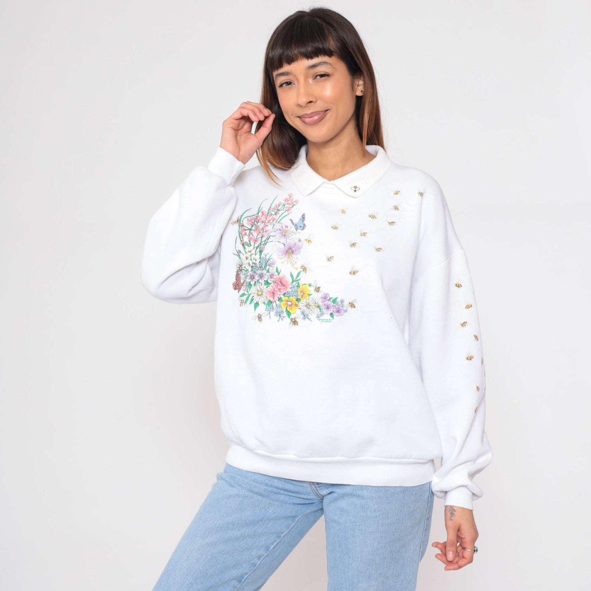 90s Honeybee Floral Butterfly Sweatshirt White Collared Pullover Extra Large XXL
