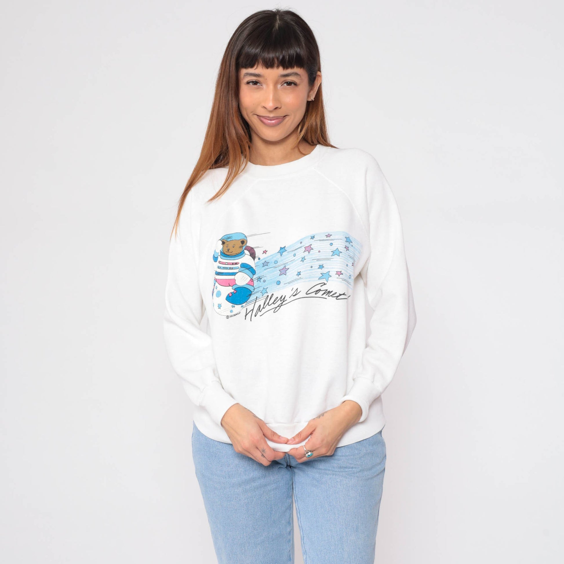 80s Halley's Comet Teddy Bear Astronaut Sweatshirt Raglan Crewneck Large L