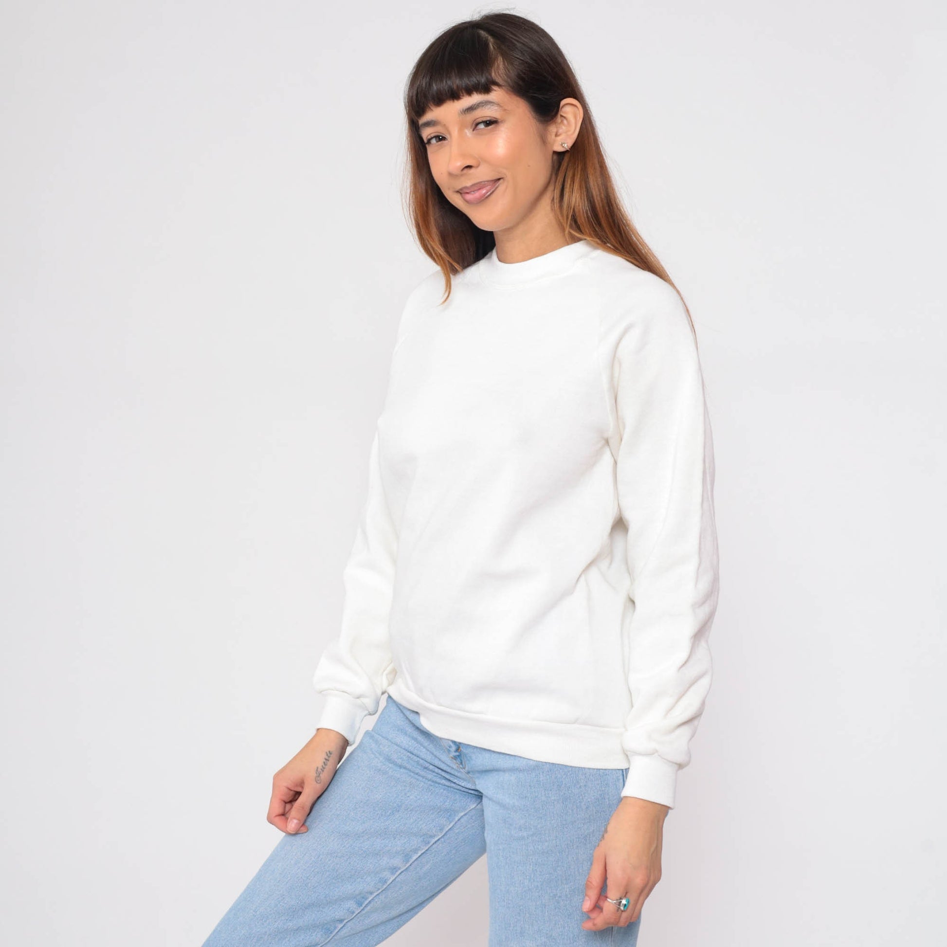 80s Jerzees White Raglan Sweatshirt Crewneck Plain Pullover Extra Small
