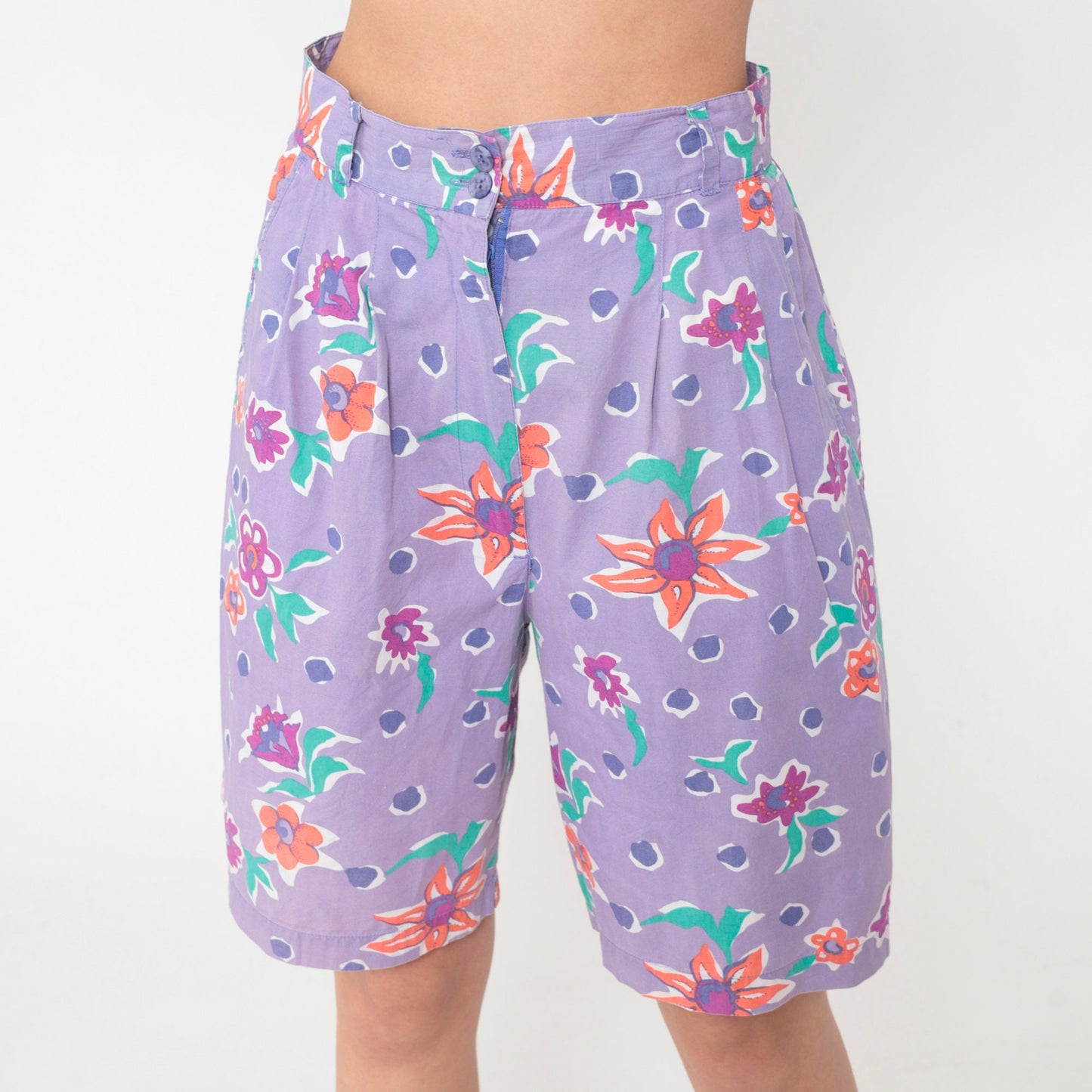 90s Lavender Polka Dot Floral Shorts High Waist Pleated Cotton Small