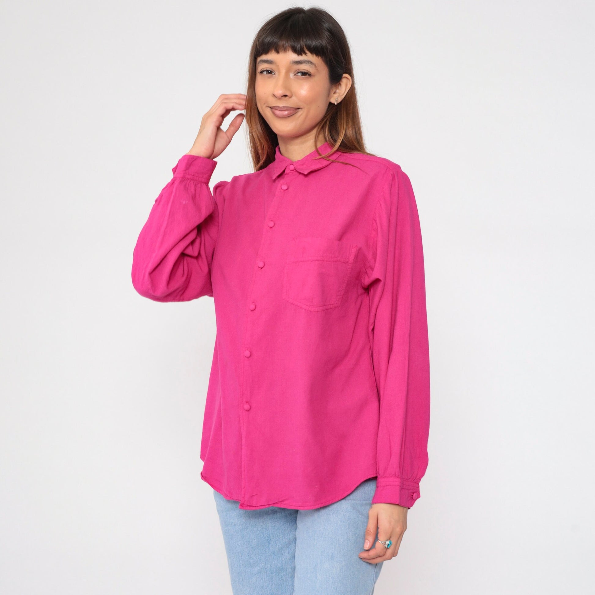 90s Fuchsia Cotton Button-Up Shirt Long Sleeve Collared Small