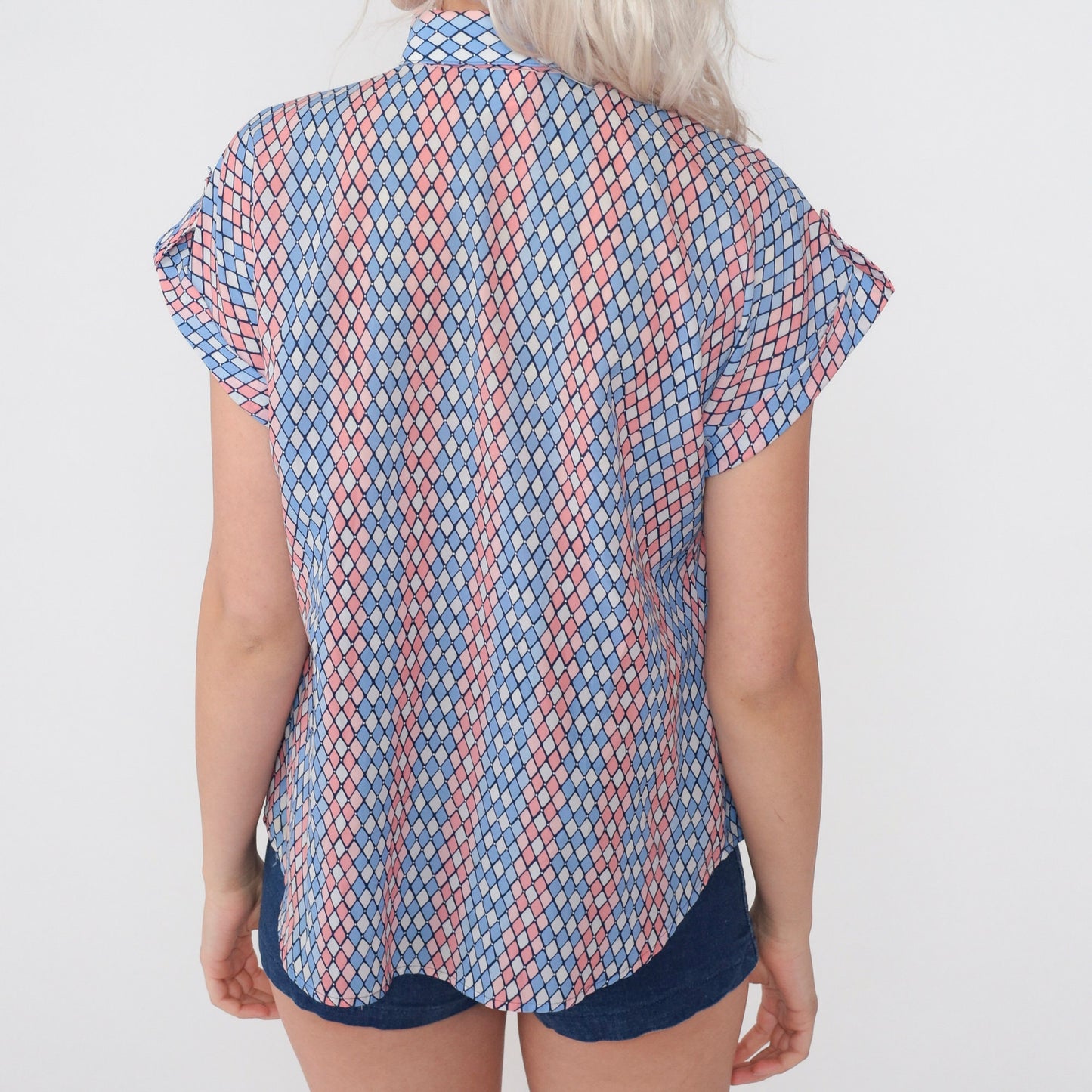 80s Diamond Print Half-Button Blouse Pink Blue White Cap Sleeve Medium M