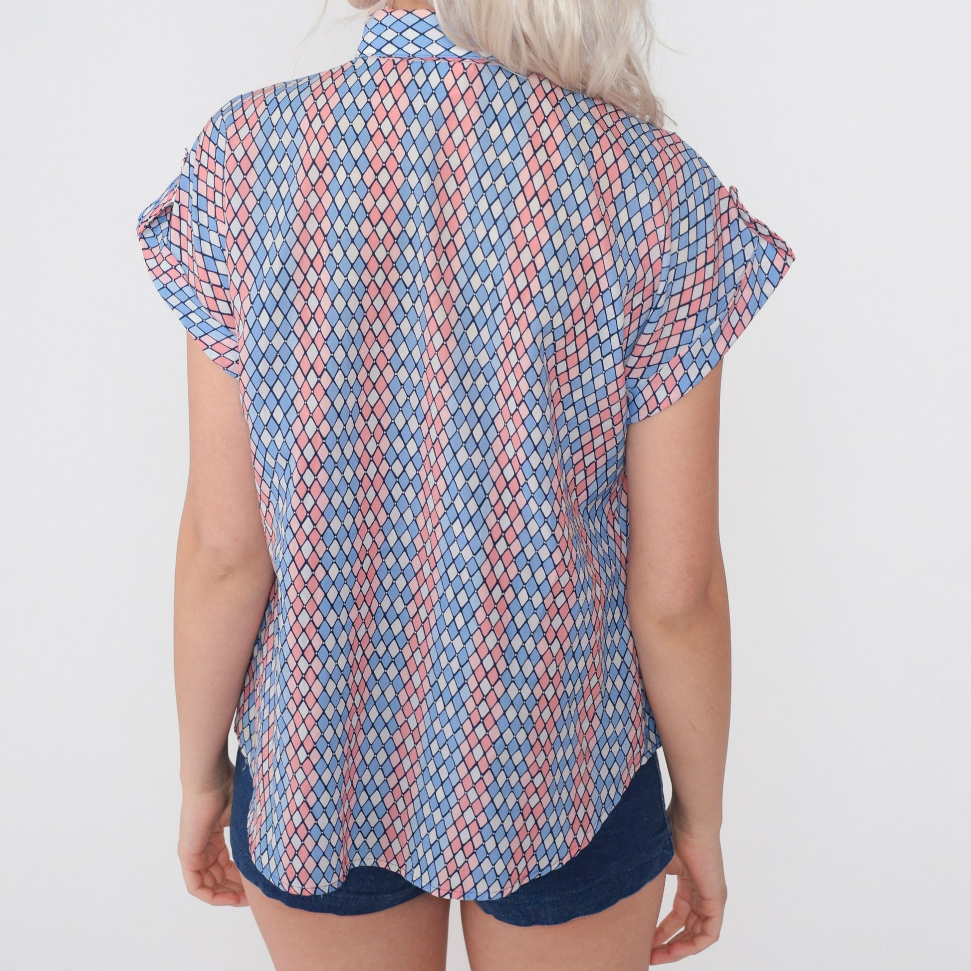80s Diamond Print Half-Button Blouse Pink Blue White Cap Sleeve Medium M