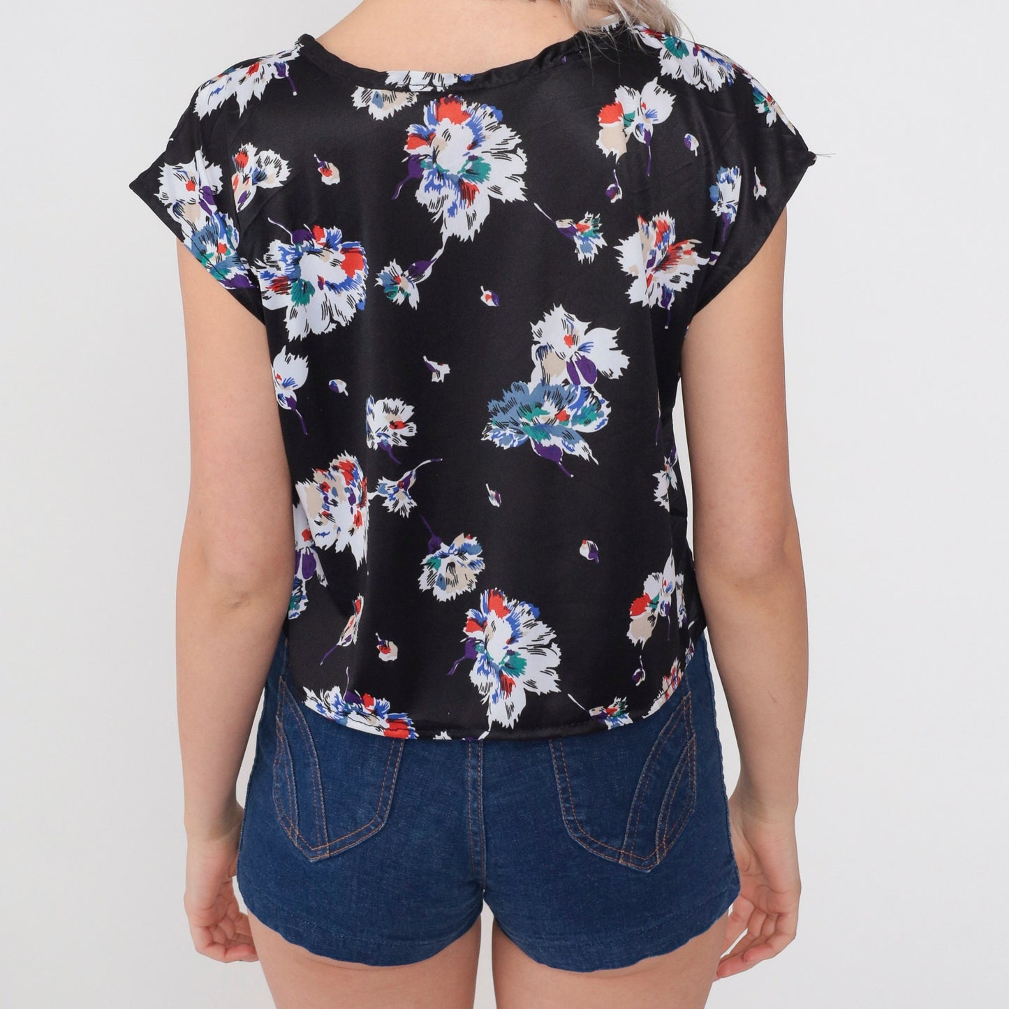 70s Black Floral Cap Sleeve Blouse Vintage Flower Print Top Medium