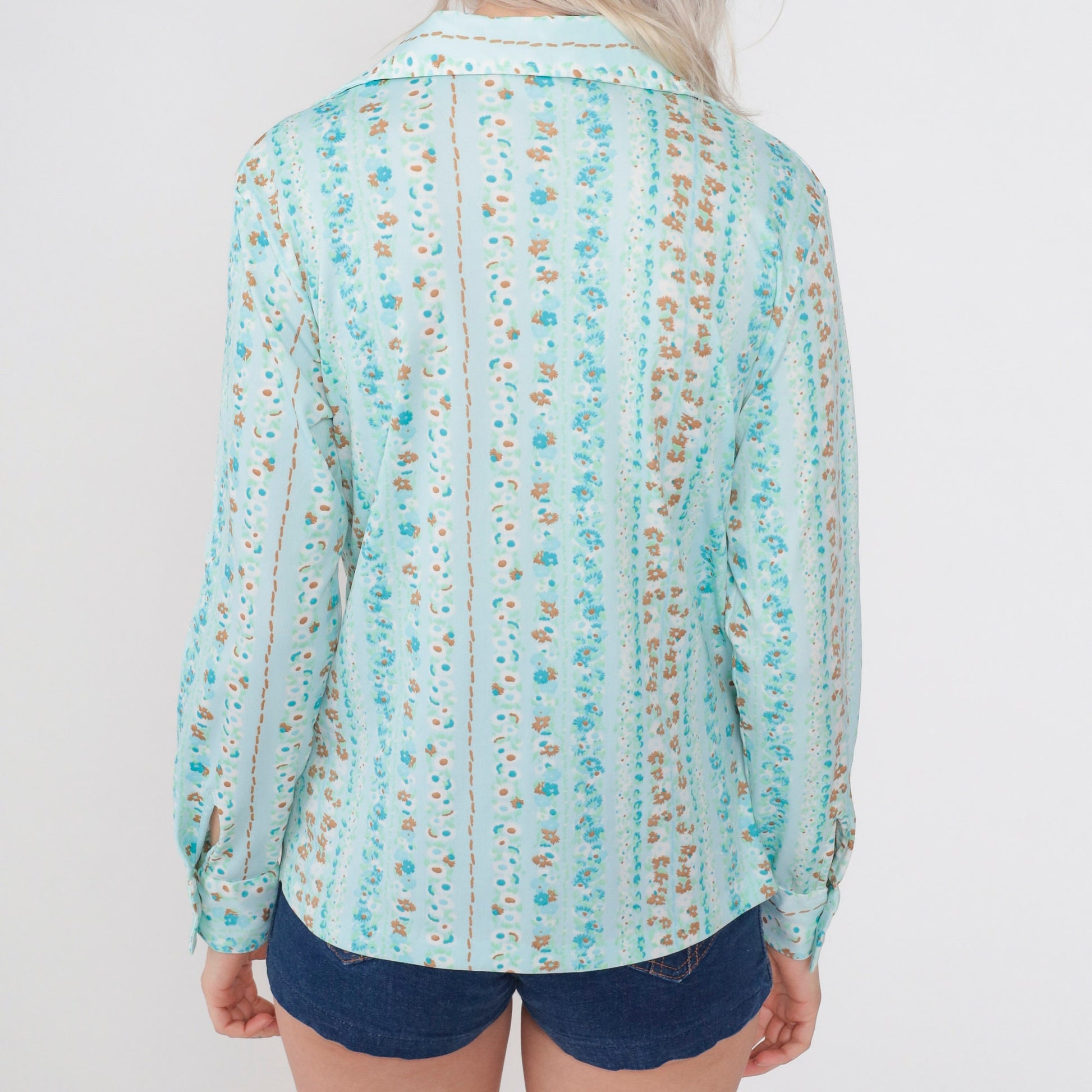 70s Blue Floral Striped Blouse Wing Collar Button Up Long Sleeve Medium