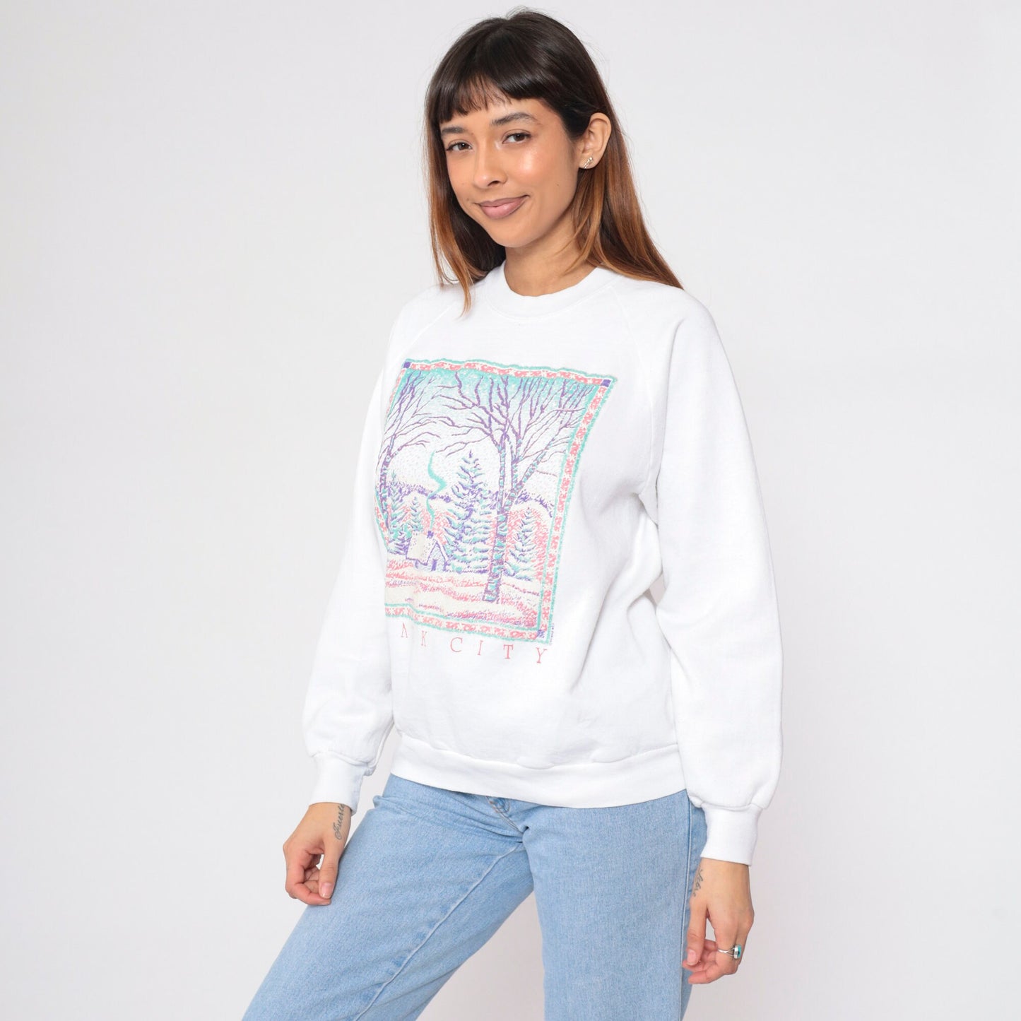 90s Park City Utah Glitter Winter Cabin Sweatshirt White Crewneck Large L