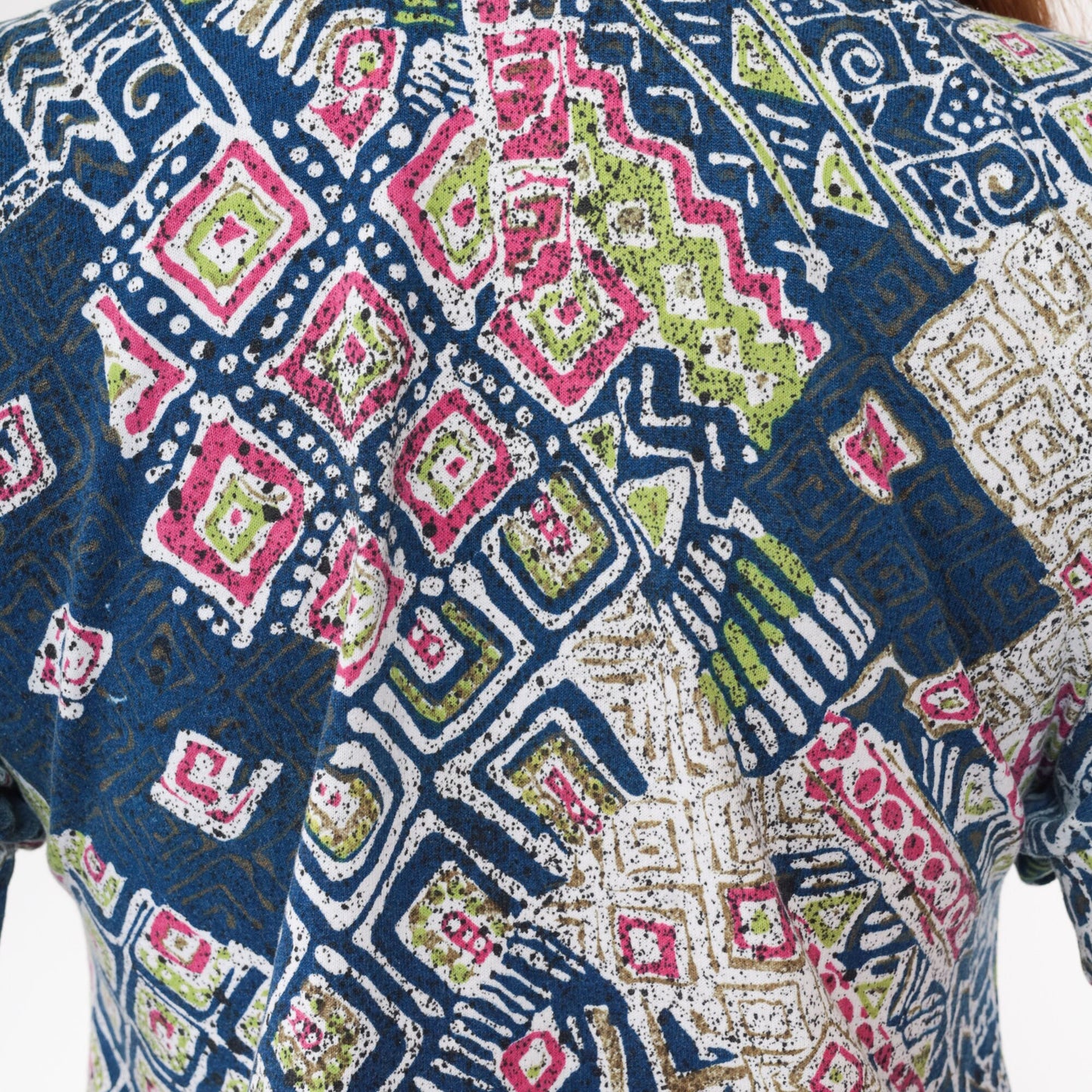 90s Batik Abstract Geometric Print Button-Up Shirt Blue Mock Neck Small
