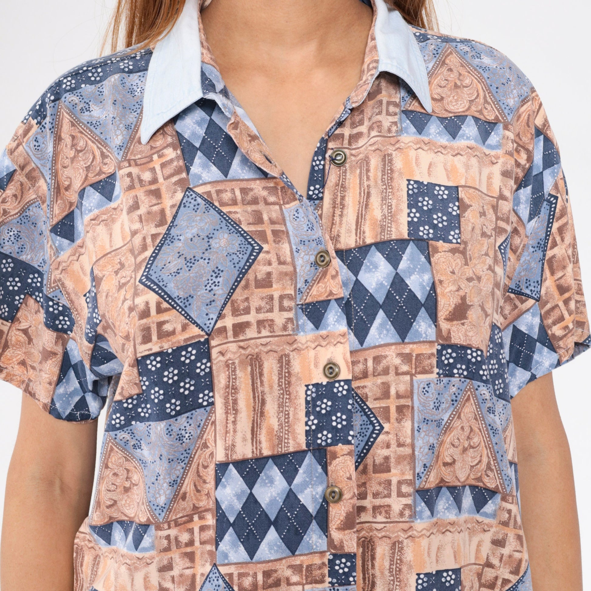 90s Geometric Floral Button-Up Blouse Short Sleeve Patchwork Print Blue Tan Large L