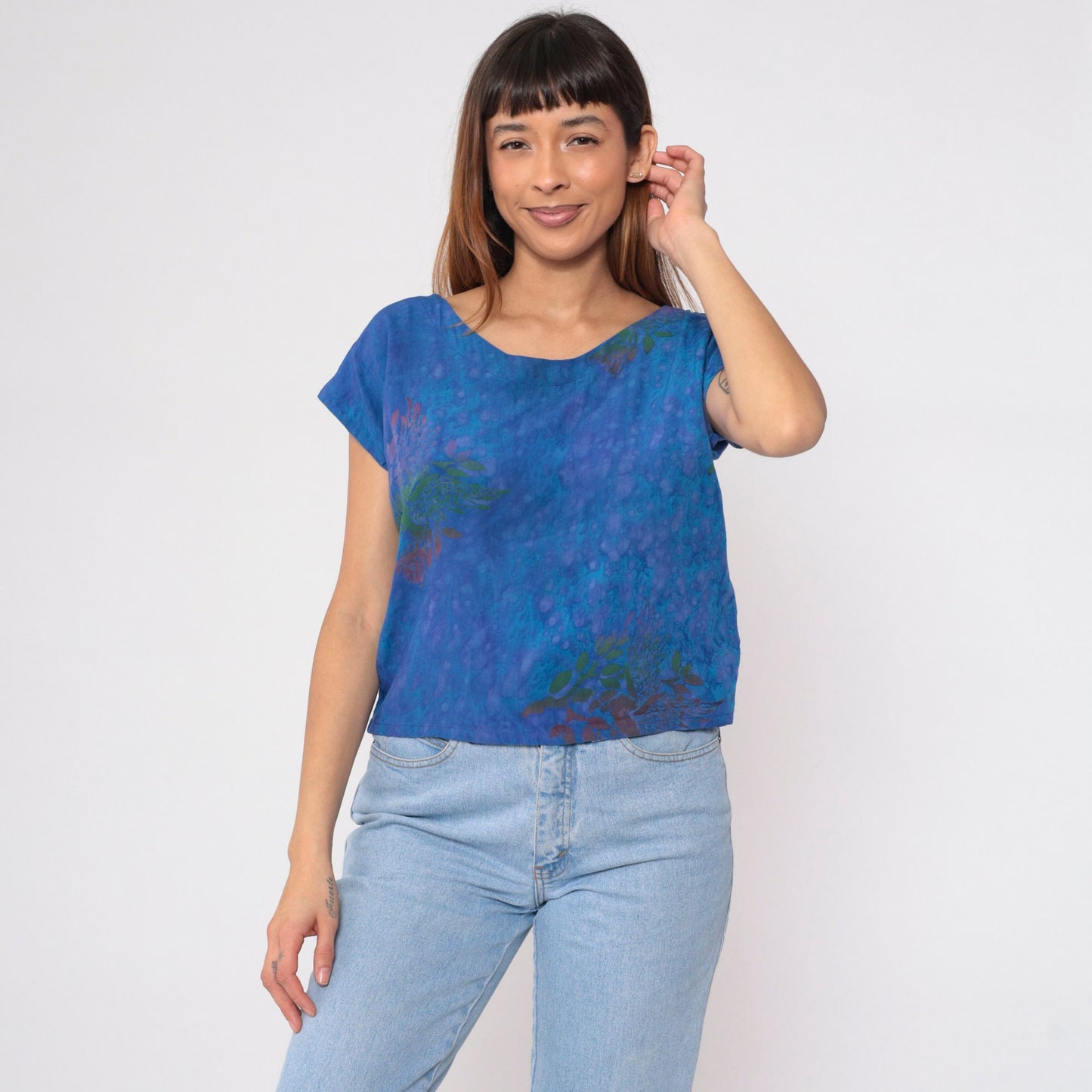 Y2K Tie Dye Floral Blouse Blue Pink Green Cap Sleeve Small
