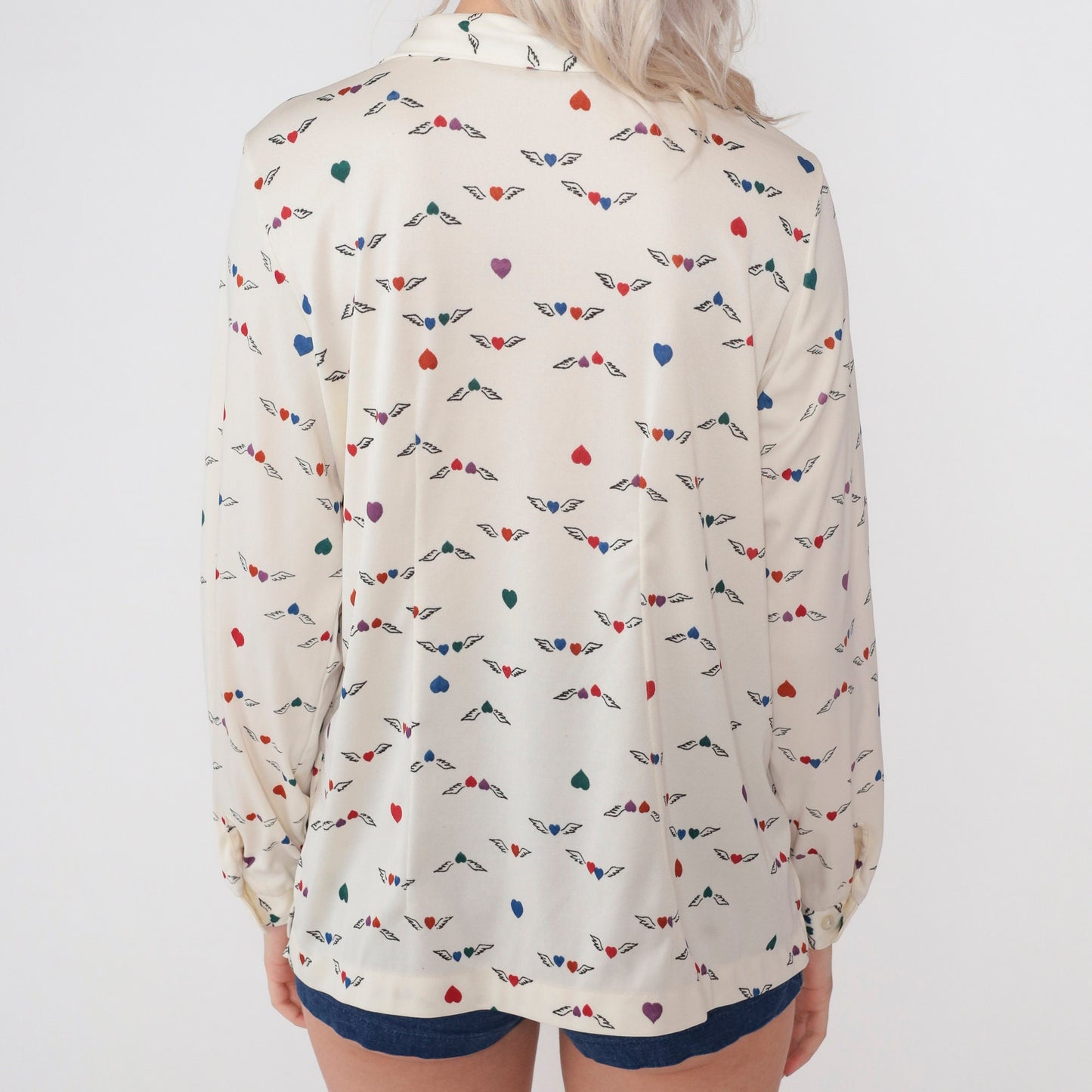 70s Winged Heart Print Button-Up Blouse Off-White Long Sleeve Collared Large