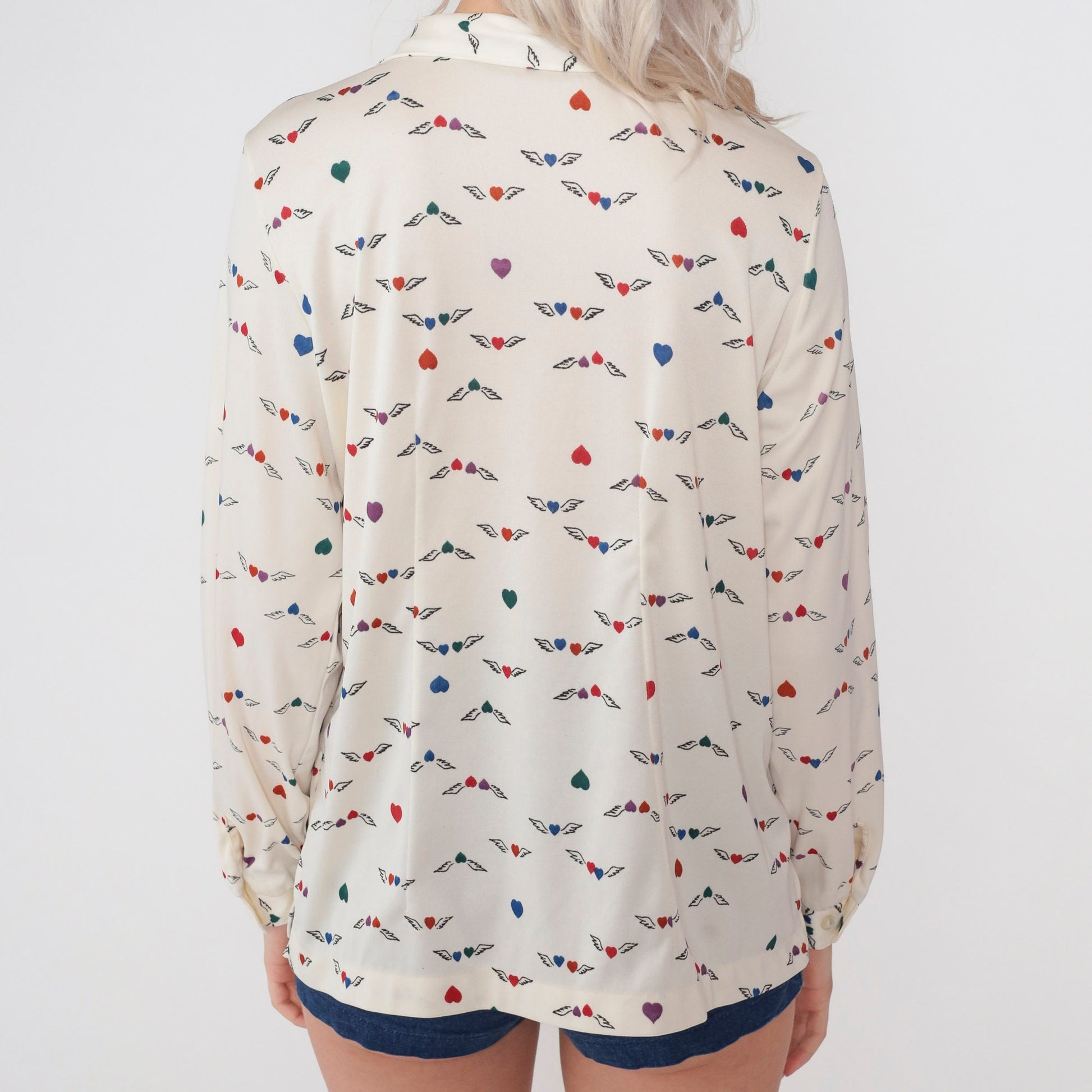 70s Winged Heart Print Button-Up Blouse Off-White Long Sleeve Collared Large