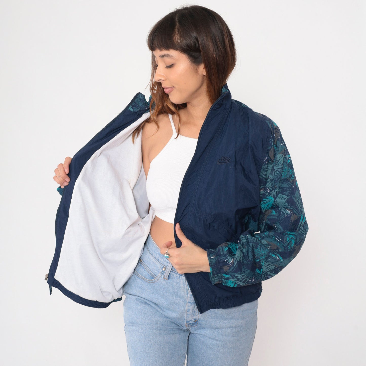 90s Nike Windbreaker Jacket Navy Abstract Print Nylon Zip Jacket Medium