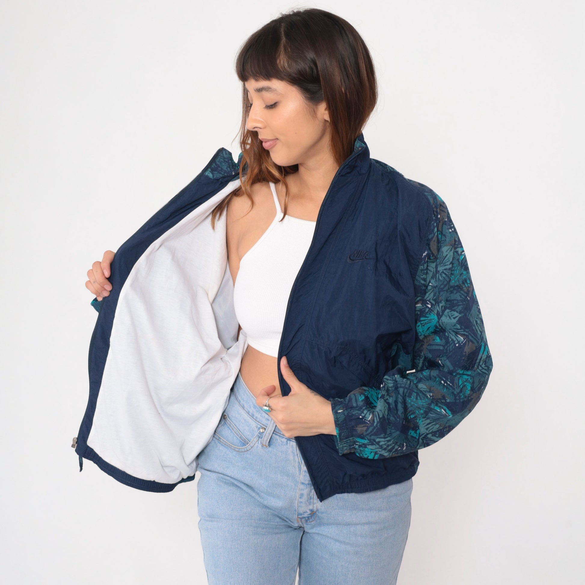 90s Nike Windbreaker Jacket Navy Abstract Print Nylon Zip Jacket Medium