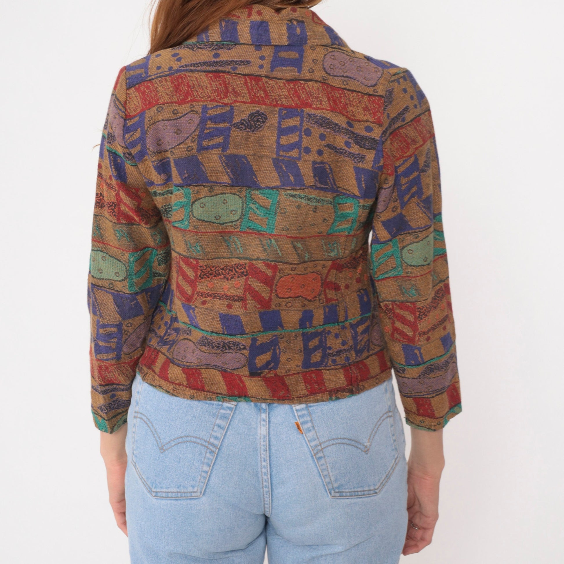 90s Tapestry Blazer Cropped Abstract Geometric Mustard Yellow Purple Extra Small