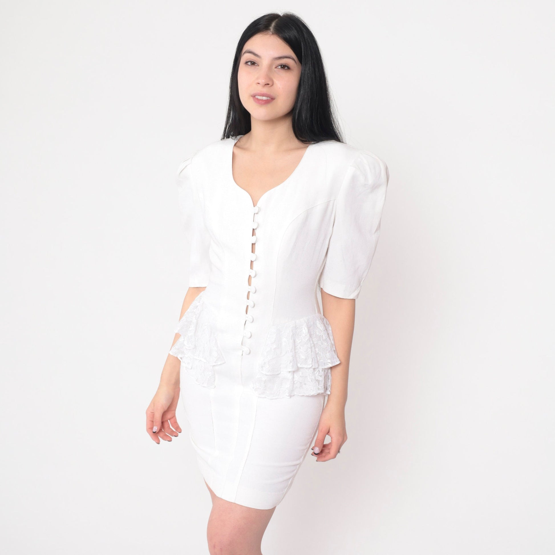 80s Young Edwardian White Lace Peplum Mini Dress Puff Sleeve Extra Small
