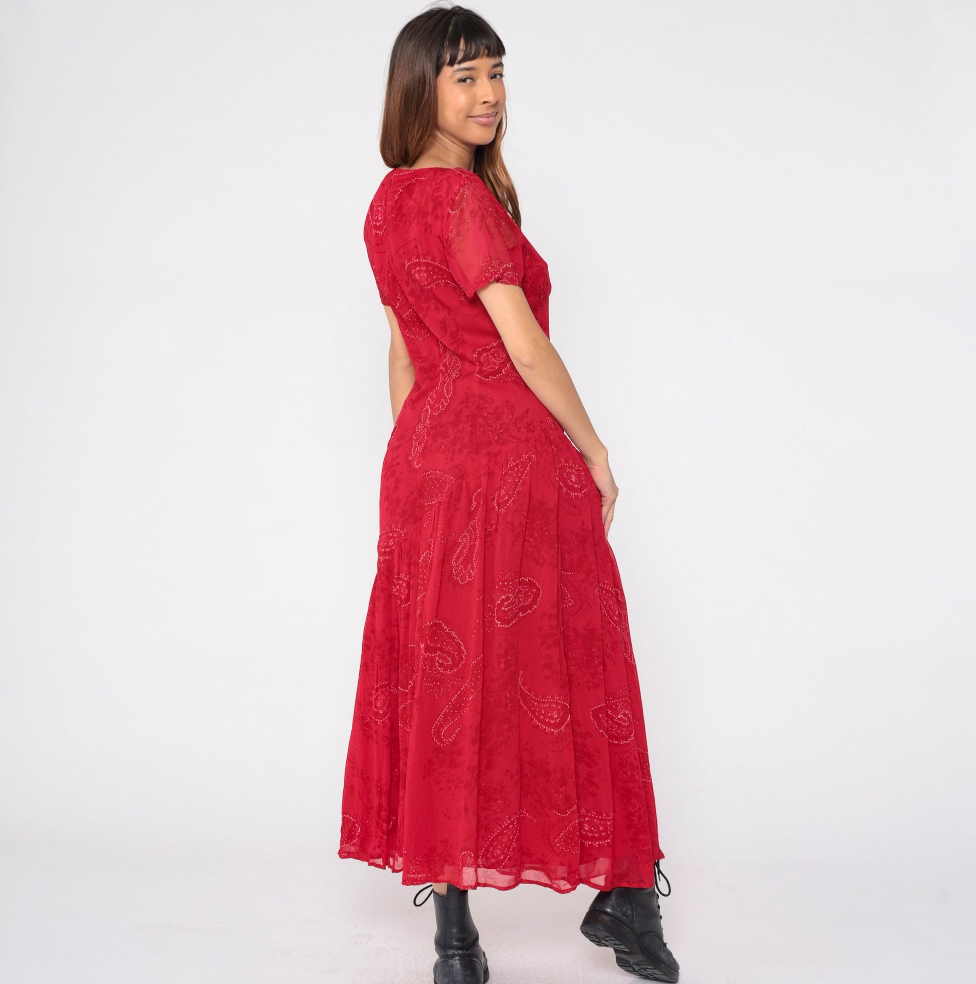 90s Red Paisley Maxi Dress Asymmetrical Drop Waist Short Sleeve Medium