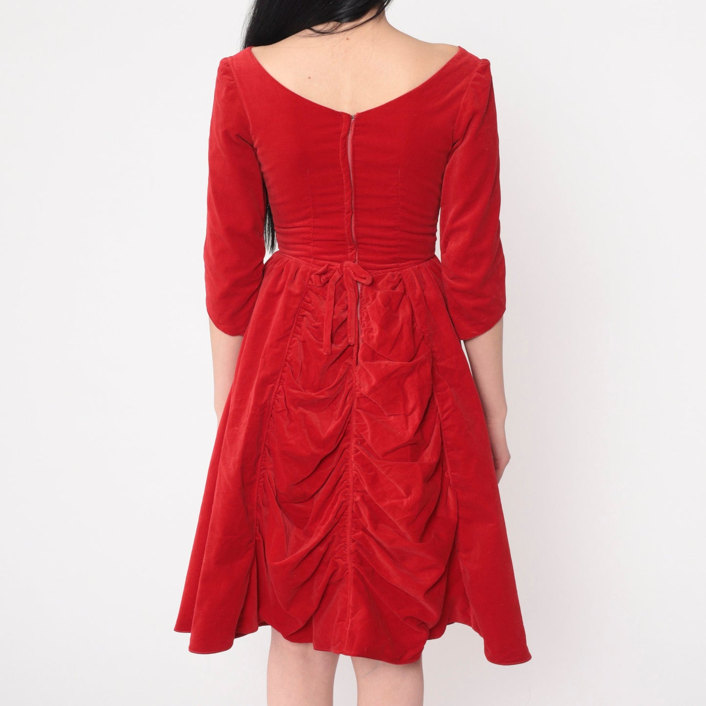 1960s Red Velvet Party Dress High Waist Fit and Flare 3/4 Sleeve Extra Small