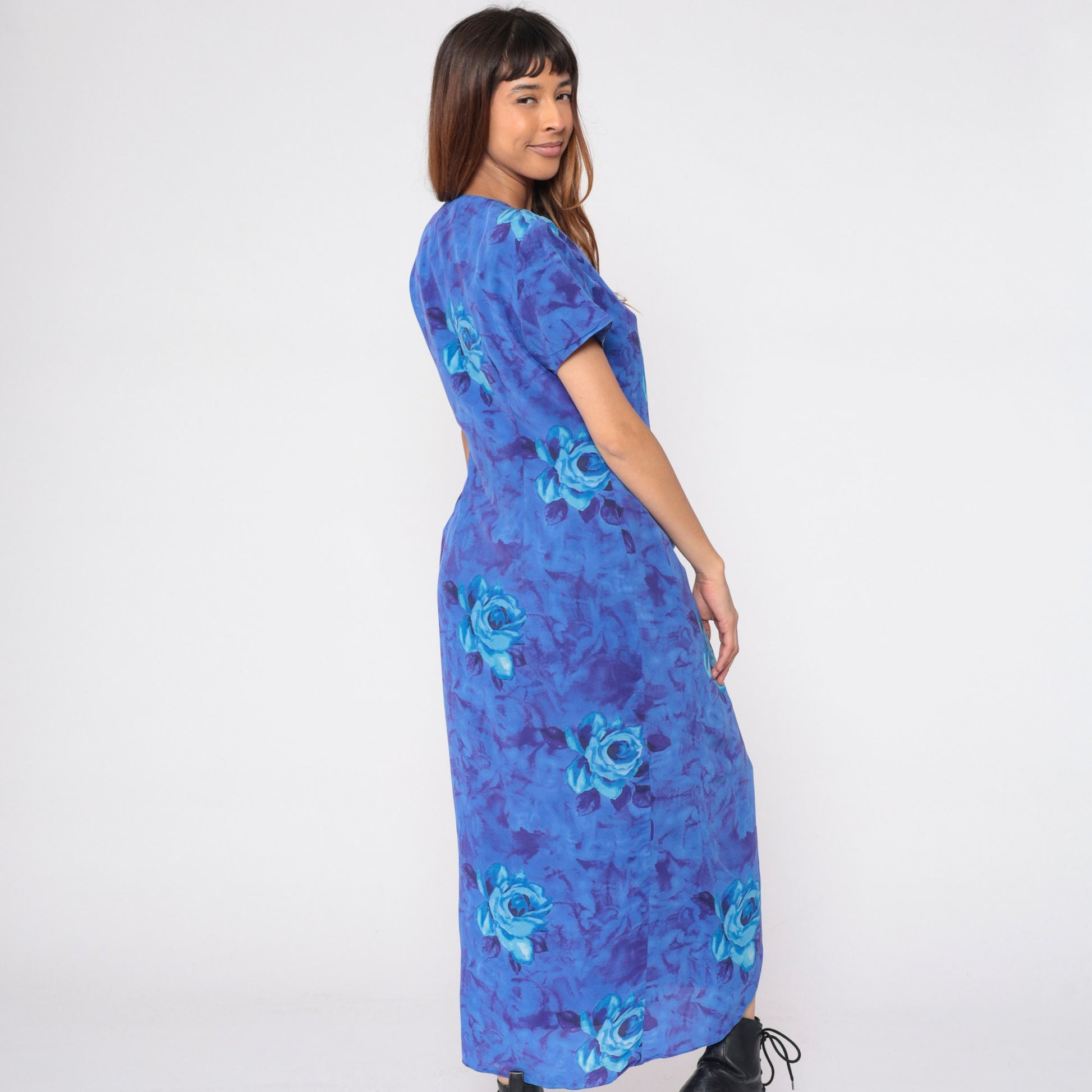 90s Y2K Blue Floral Silk Wrap Dress Waterfall Hem Rose Print Medium