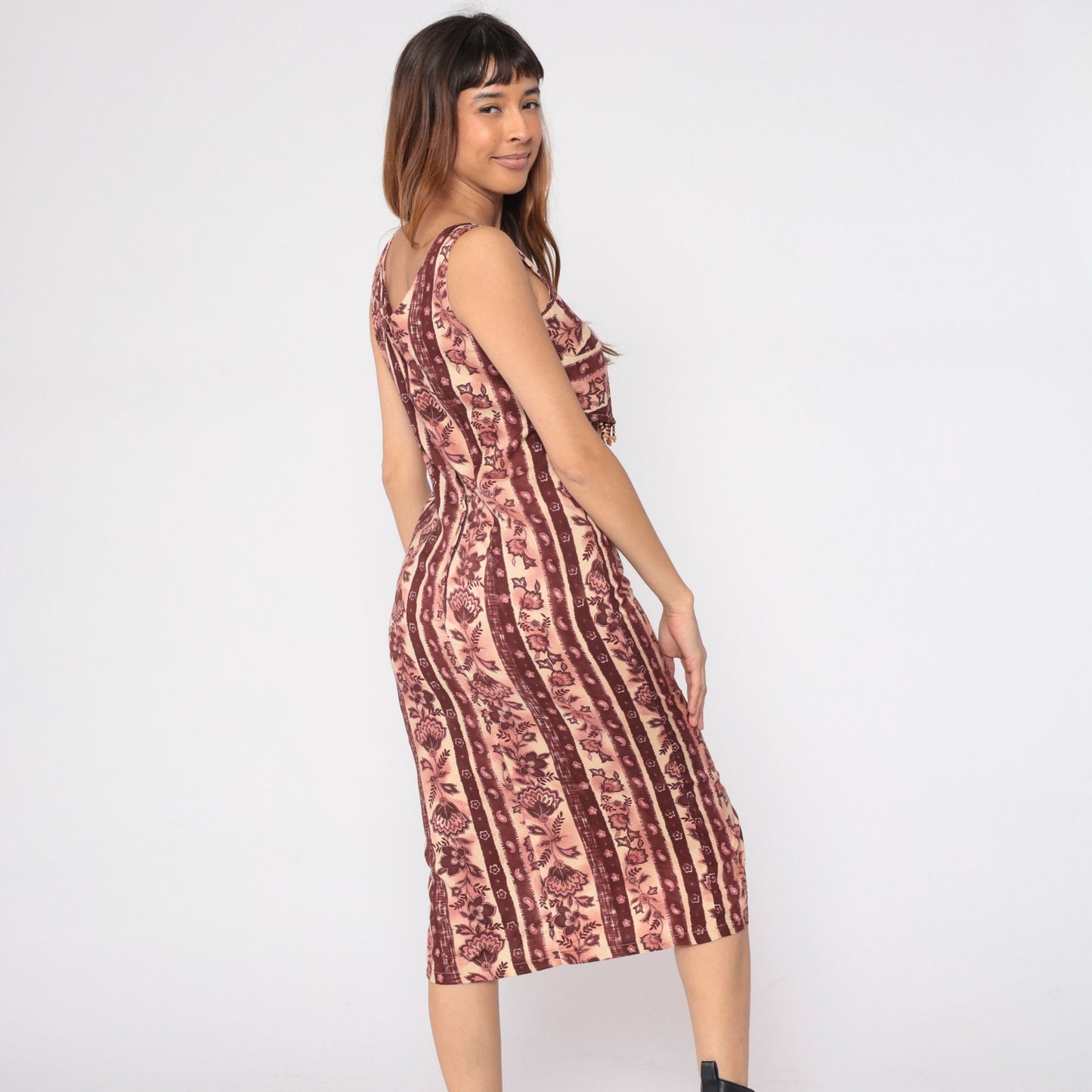 90s Floral Tie Dye Midi Sundress Empire Waist Sleeveless Striped Print Medium