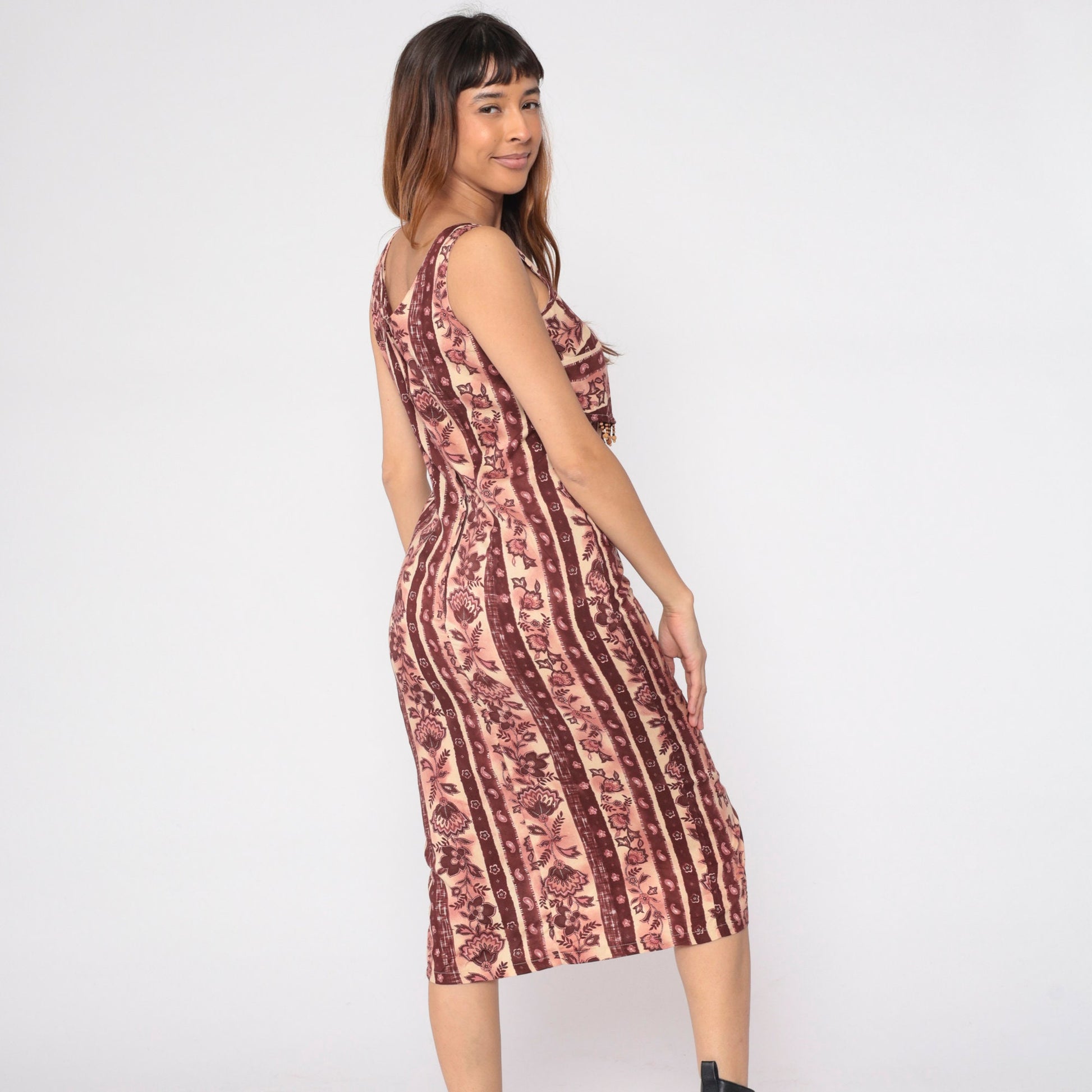 90s Floral Tie Dye Midi Sundress Empire Waist Sleeveless Striped Print Medium