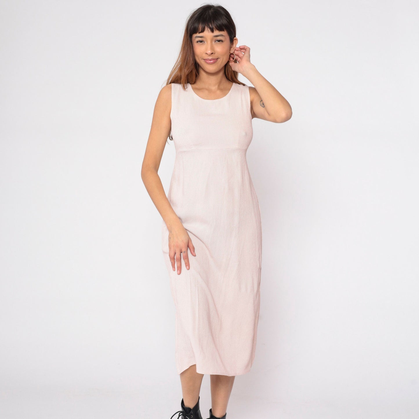 90s Cream Pink Checkered Midi Dress Empire Waist Sleeveless Small S