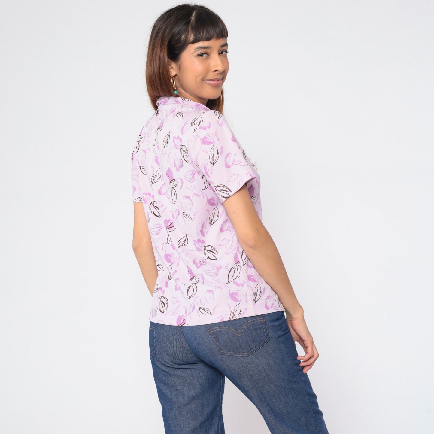 70s Light Purple Floral Button-Up Shirt Lavender Leaf Print Short Sleeve Medium