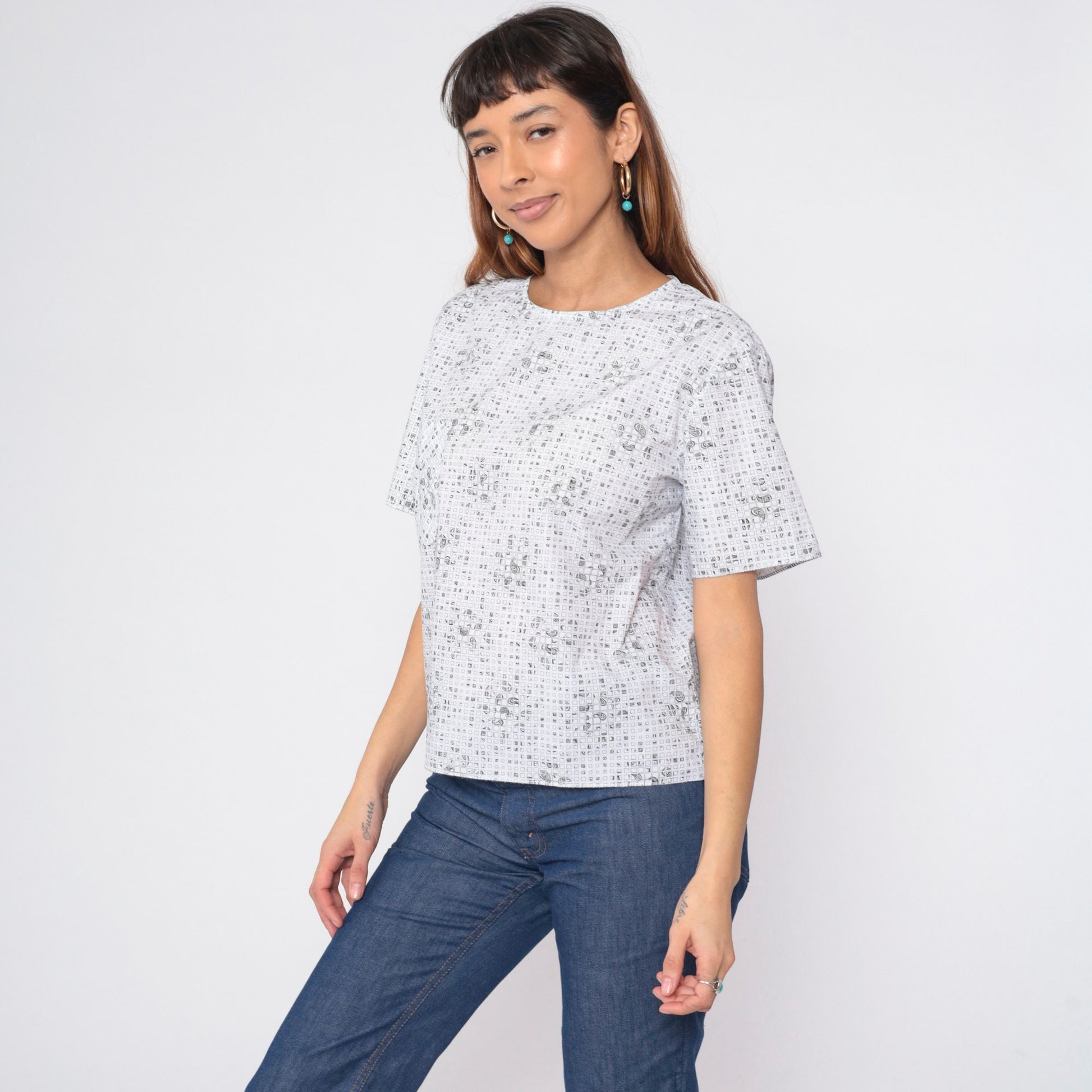 90s Checkered Paisley White T-Shirt Pocket Tee Short Sleeve Medium M